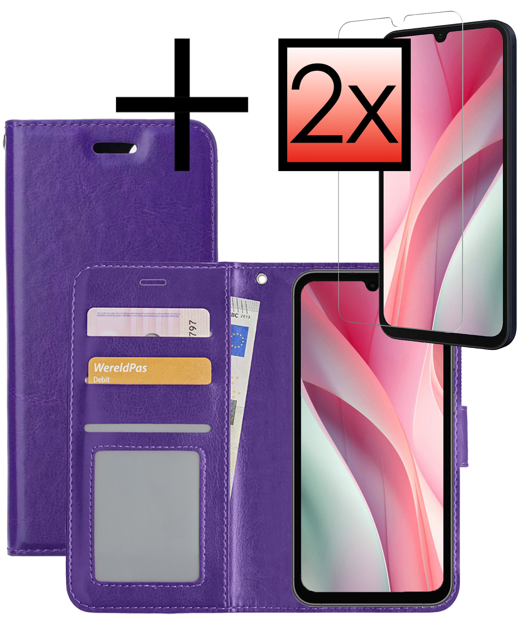 NoXx Hoes Geschikt voor Samsung A15 Hoesje Book Case Hoes Flip Cover Wallet Bookcase Met 2x Screenprotector - Paars
