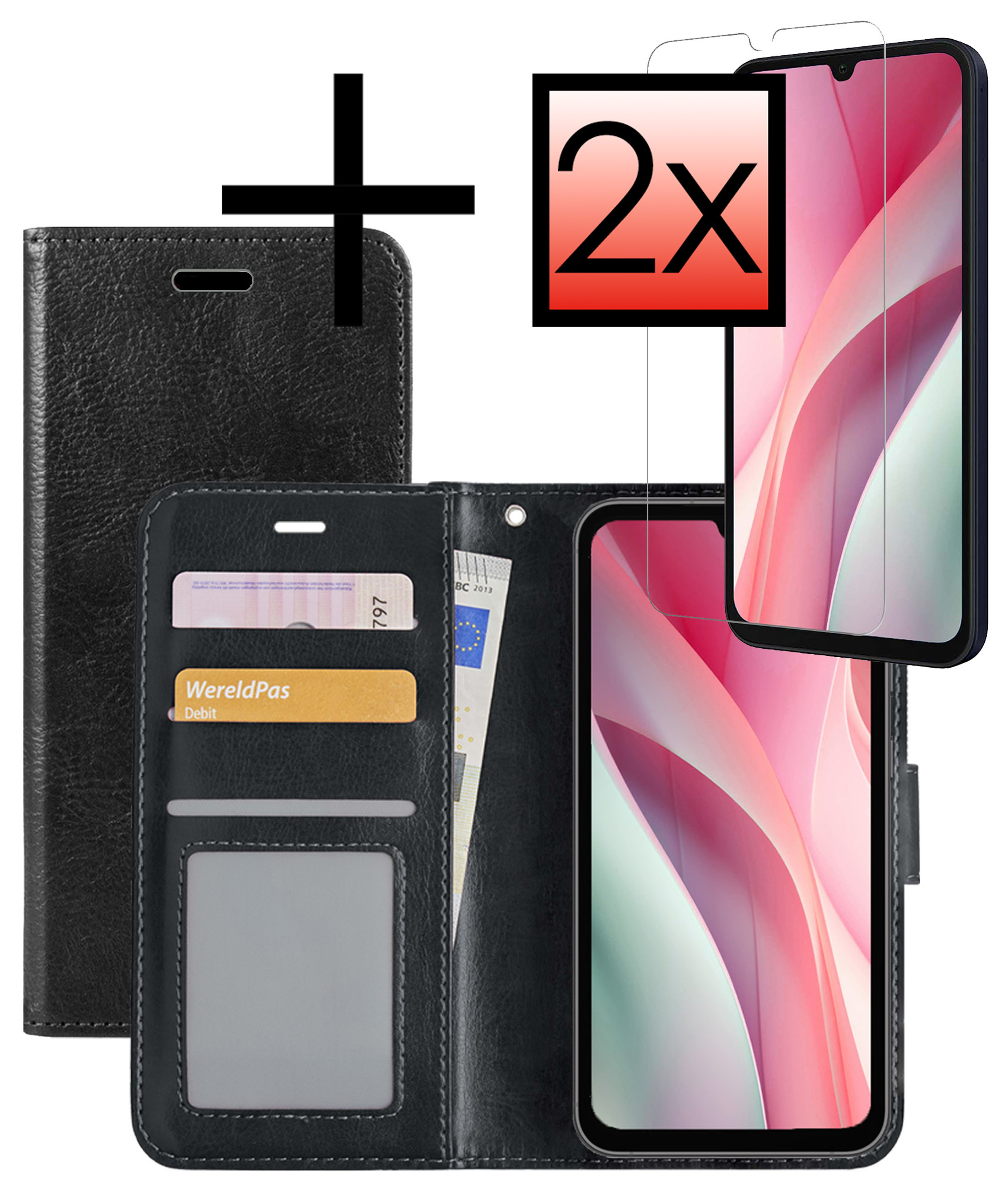 NoXx Hoes Geschikt voor Samsung A15 Hoesje Book Case Hoes Flip Cover Wallet Bookcase Met 2x Screenprotector - Zwart