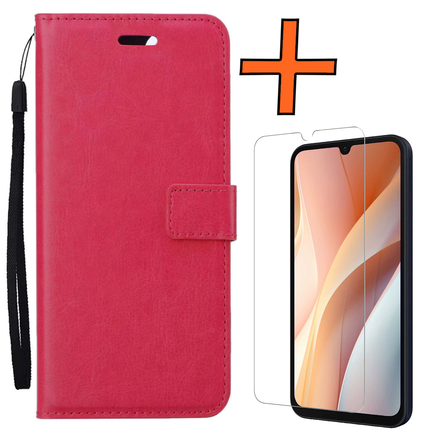 Nomfy Hoesje Geschikt voor Samsung A15 Hoes Bookcase Flipcase Book Cover Met Screenprotector - Hoes Geschikt voor Samsung Galaxy A15 Hoesje Book Case - Donkerroze