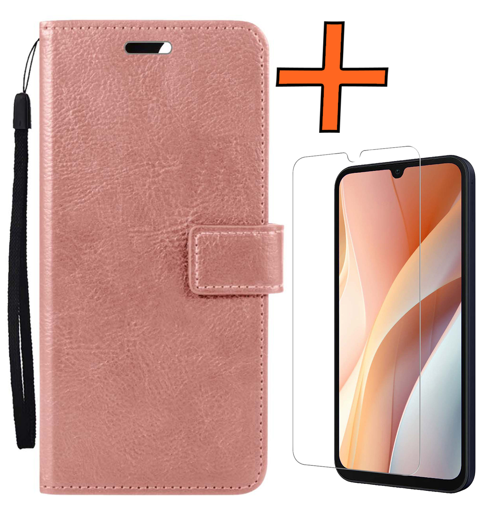 Nomfy Hoesje Geschikt voor Samsung A15 Hoes Bookcase Flipcase Book Cover Met Screenprotector - Hoes Geschikt voor Samsung Galaxy A15 Hoesje Book Case - Rosé goud