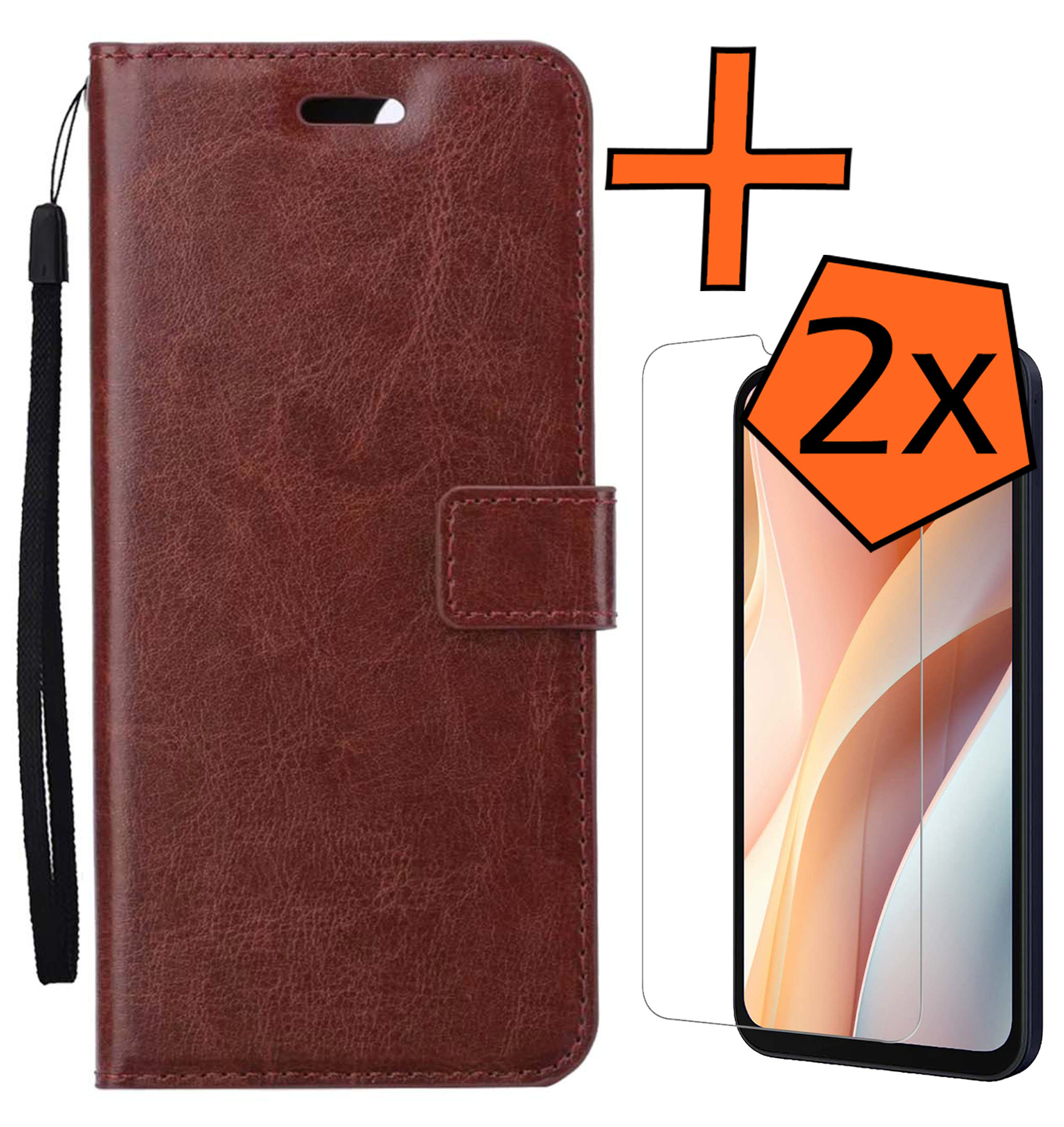 Nomfy Hoesje Geschikt voor Samsung A15 Hoes Bookcase Flipcase Book Cover Met 2x Screenprotector - Hoes Geschikt voor Samsung Galaxy A15 Hoesje Book Case - Bruin