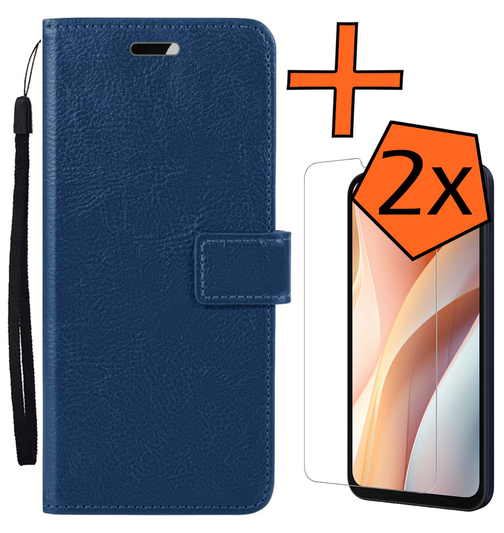 Nomfy Hoesje Geschikt voor Samsung A15 Hoes Bookcase Flipcase Book Cover Met 2x Screenprotector - Hoes Geschikt voor Samsung Galaxy A15 Hoesje Book Case - Donkerblauw