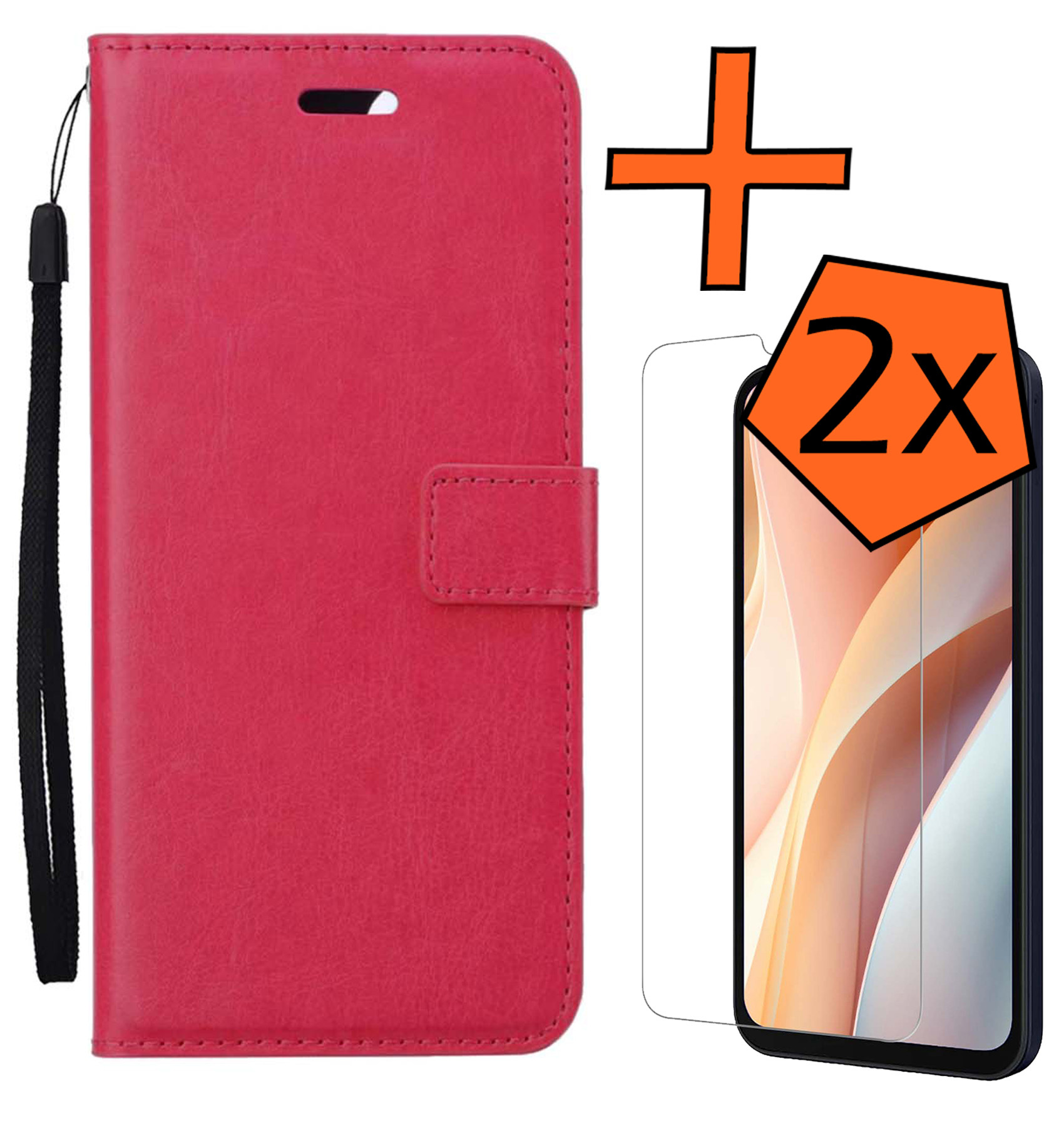 Nomfy Hoesje Geschikt voor Samsung A15 Hoes Bookcase Flipcase Book Cover Met 2x Screenprotector - Hoes Geschikt voor Samsung Galaxy A15 Hoesje Book Case - Donkerroze