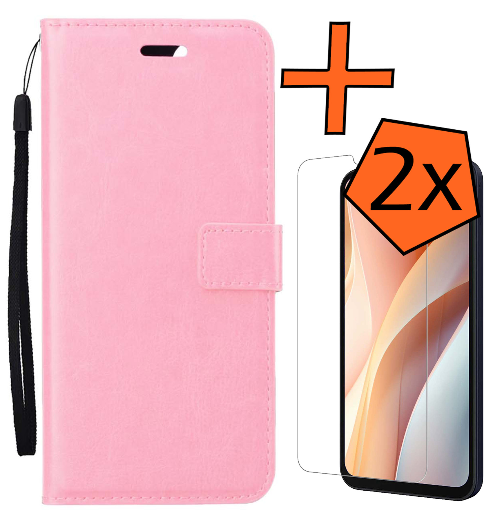 Nomfy Hoesje Geschikt voor Samsung A15 Hoes Bookcase Flipcase Book Cover Met 2x Screenprotector - Hoes Geschikt voor Samsung Galaxy A15 Hoesje Book Case - Lichtroze