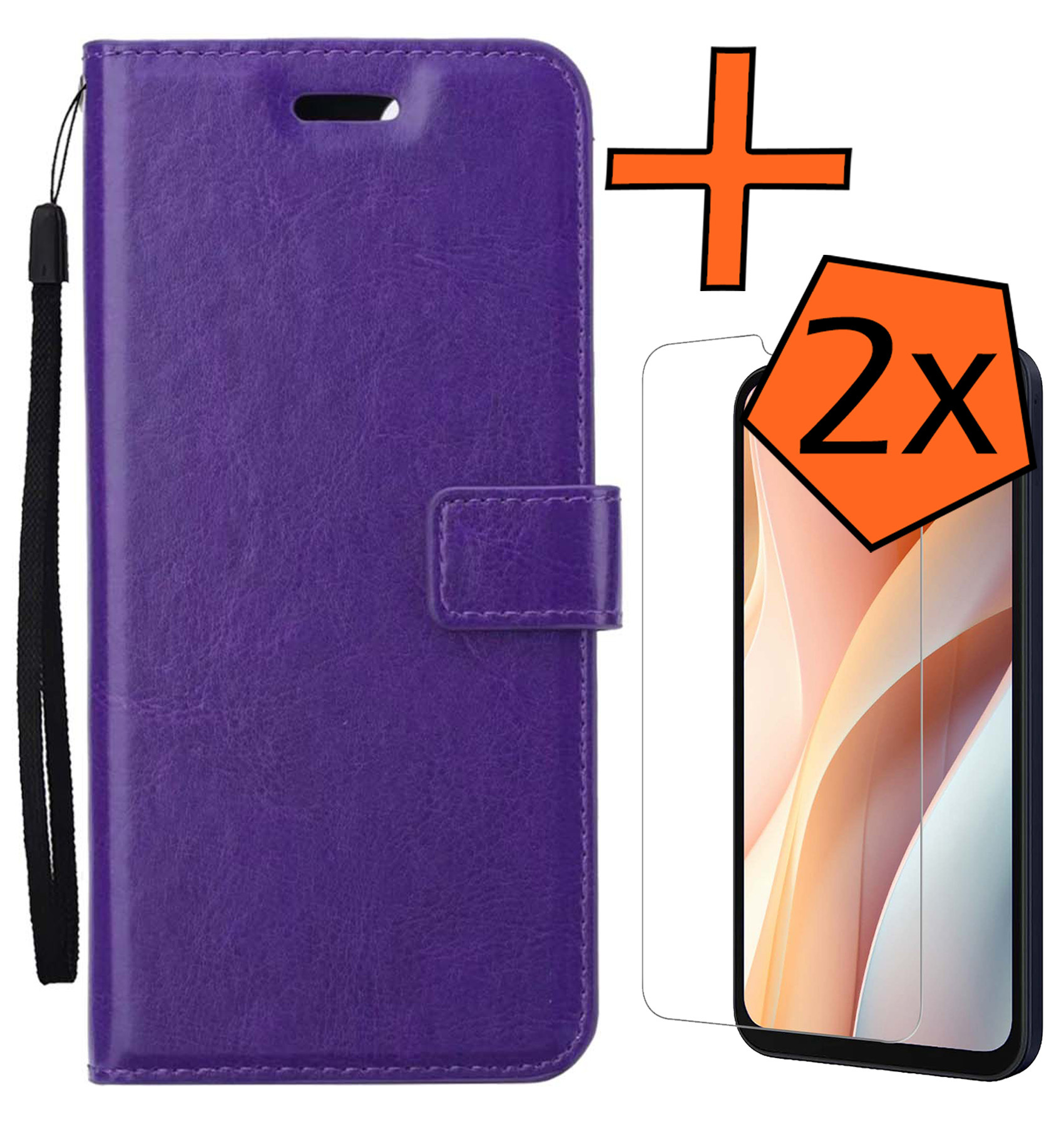 Nomfy Hoesje Geschikt voor Samsung A15 Hoes Bookcase Flipcase Book Cover Met 2x Screenprotector - Hoes Geschikt voor Samsung Galaxy A15 Hoesje Book Case - Paars