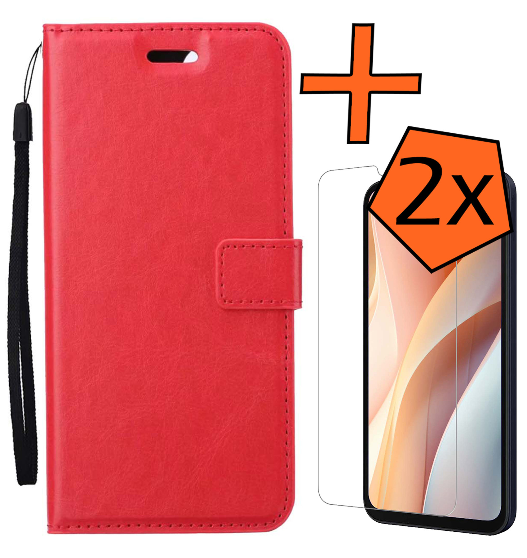 Nomfy Hoesje Geschikt voor Samsung A15 Hoes Bookcase Flipcase Book Cover Met 2x Screenprotector - Hoes Geschikt voor Samsung Galaxy A15 Hoesje Book Case - Rood