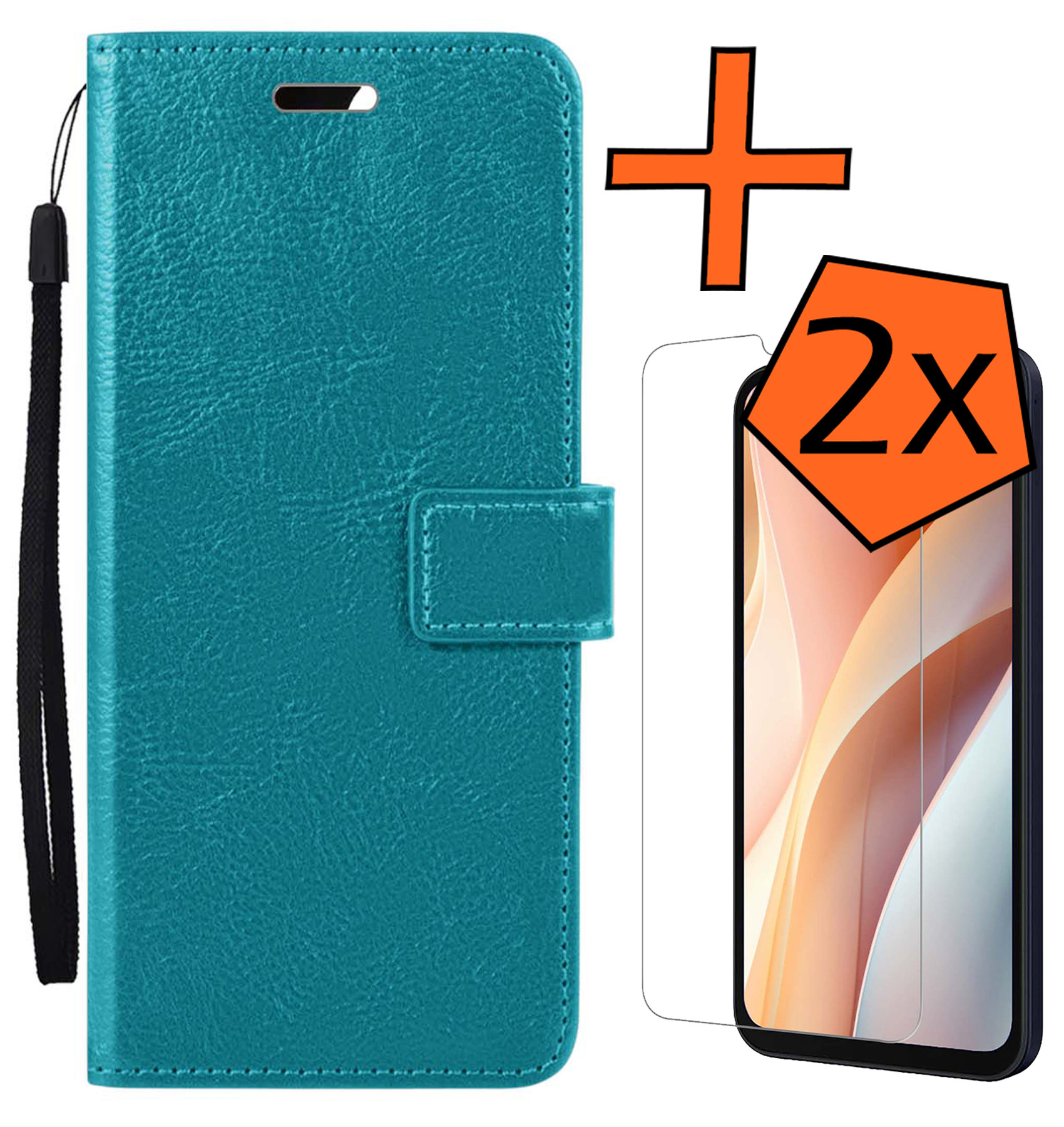 Nomfy Hoesje Geschikt voor Samsung A15 Hoes Bookcase Flipcase Book Cover Met 2x Screenprotector - Hoes Geschikt voor Samsung Galaxy A15 Hoesje Book Case - Turquoise