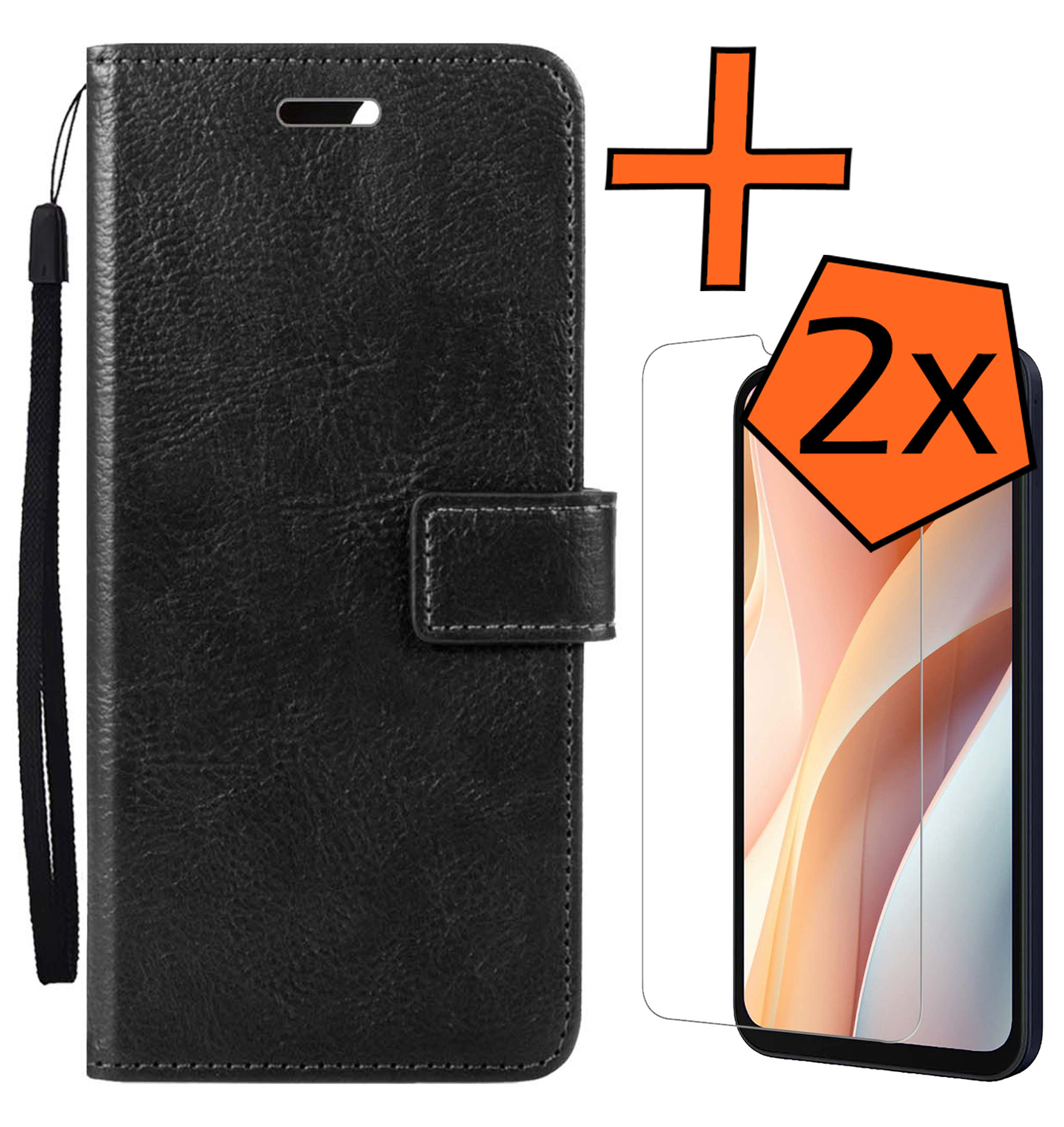 Nomfy Hoesje Geschikt voor Samsung A15 Hoes Bookcase Flipcase Book Cover Met 2x Screenprotector - Hoes Geschikt voor Samsung Galaxy A15 Hoesje Book Case - Zwart