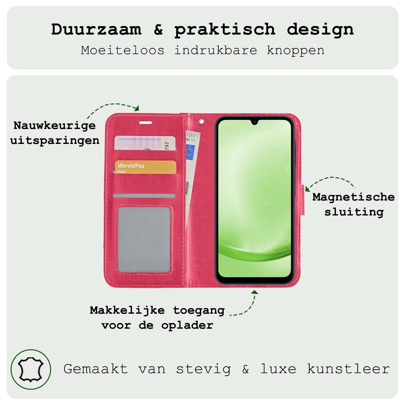 BASEY. Hoes Geschikt voor Samsung A25 Hoesje Bookcase Hoes Flip Case Book Cover - Hoesje Geschikt voor Samsung Galaxy A25 Hoes Book Case Hoesje - Donkerroze