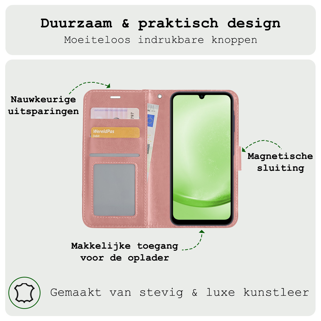 BASEY. Hoes Geschikt voor Samsung A25 Hoesje Bookcase Hoes Flip Case Book Cover - Hoesje Geschikt voor Samsung Galaxy A25 Hoes Book Case Hoesje - Rosé goud