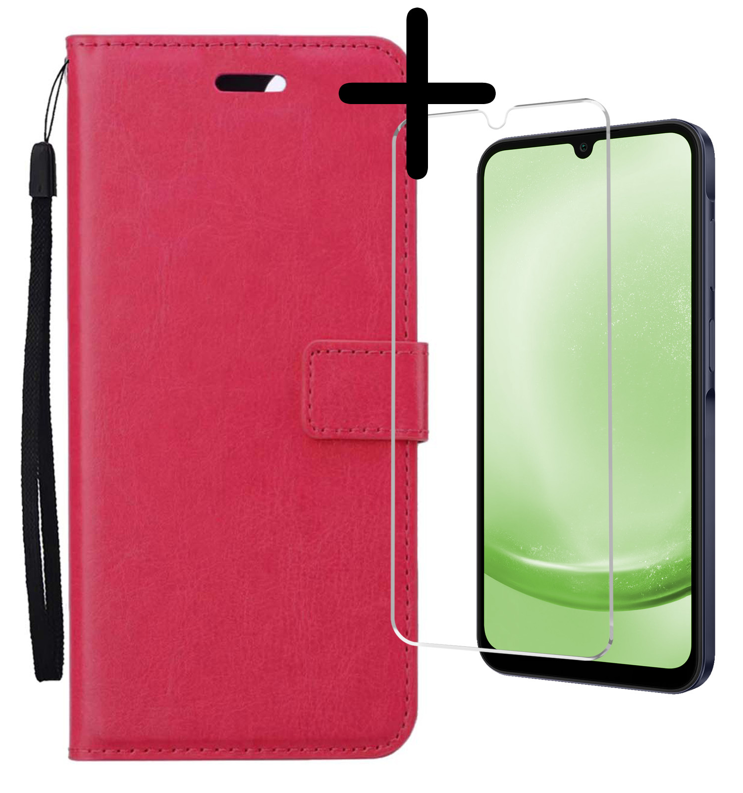 BASEY. Hoes Geschikt voor Samsung A25 Hoesje Bookcase Hoes Flip Case Book Cover Met Screenprotector - Hoesje Geschikt voor Samsung Galaxy A25 Hoes Book Case Hoesje - Donkerroze