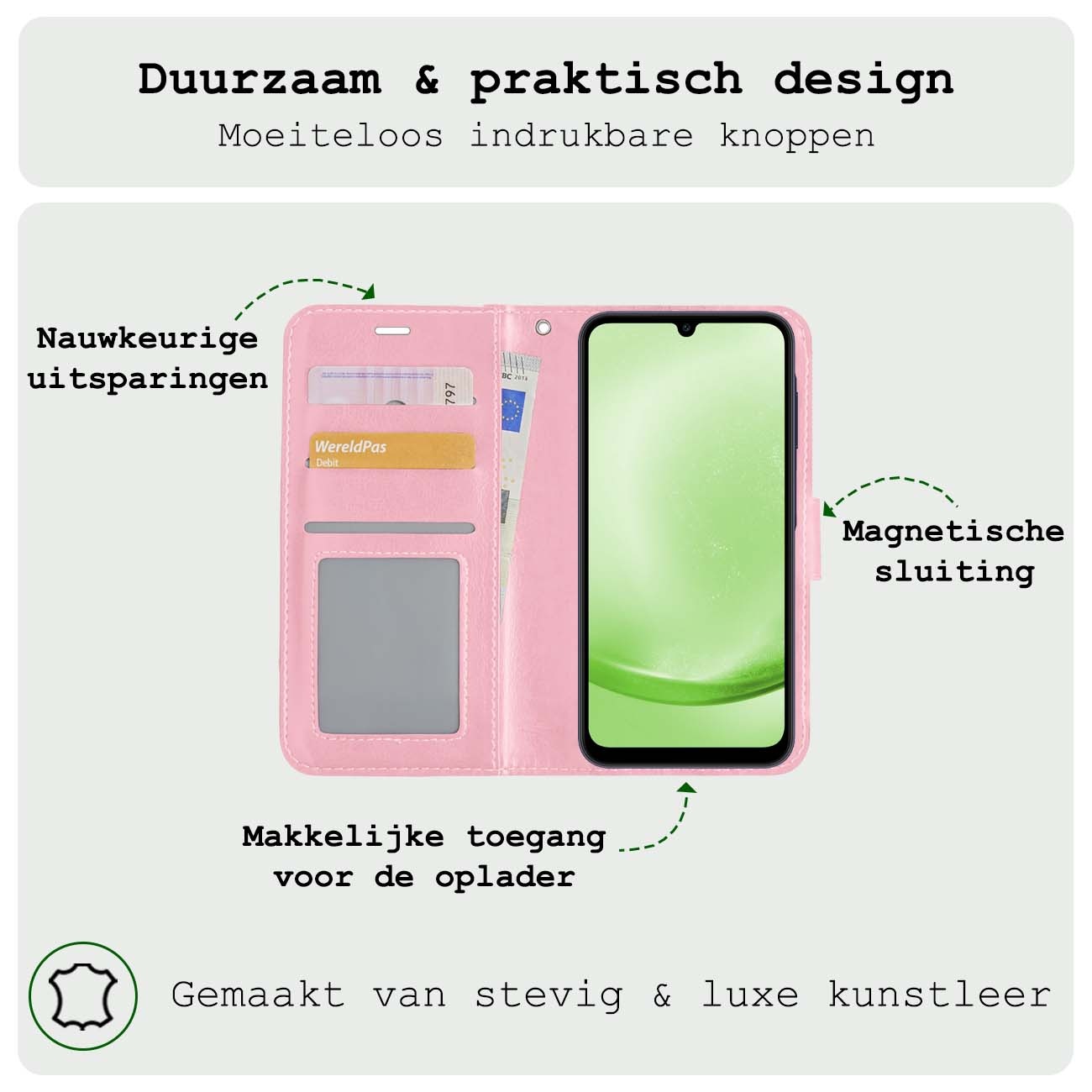 BASEY. Hoes Geschikt voor Samsung A25 Hoesje Bookcase Hoes Flip Case Book Cover Met Screenprotector - Hoesje Geschikt voor Samsung Galaxy A25 Hoes Book Case Hoesje - Lichtroze