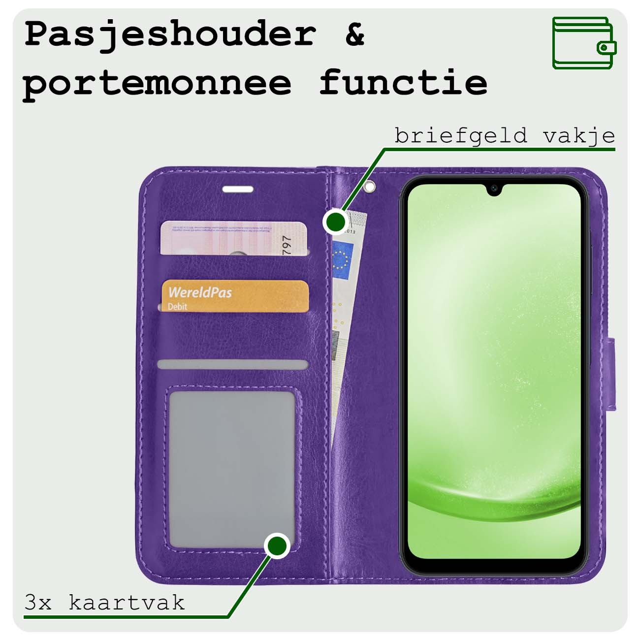 BASEY. Hoes Geschikt voor Samsung A25 Hoesje Bookcase Hoes Flip Case Book Cover Met Screenprotector - Hoesje Geschikt voor Samsung Galaxy A25 Hoes Book Case Hoesje - Paars