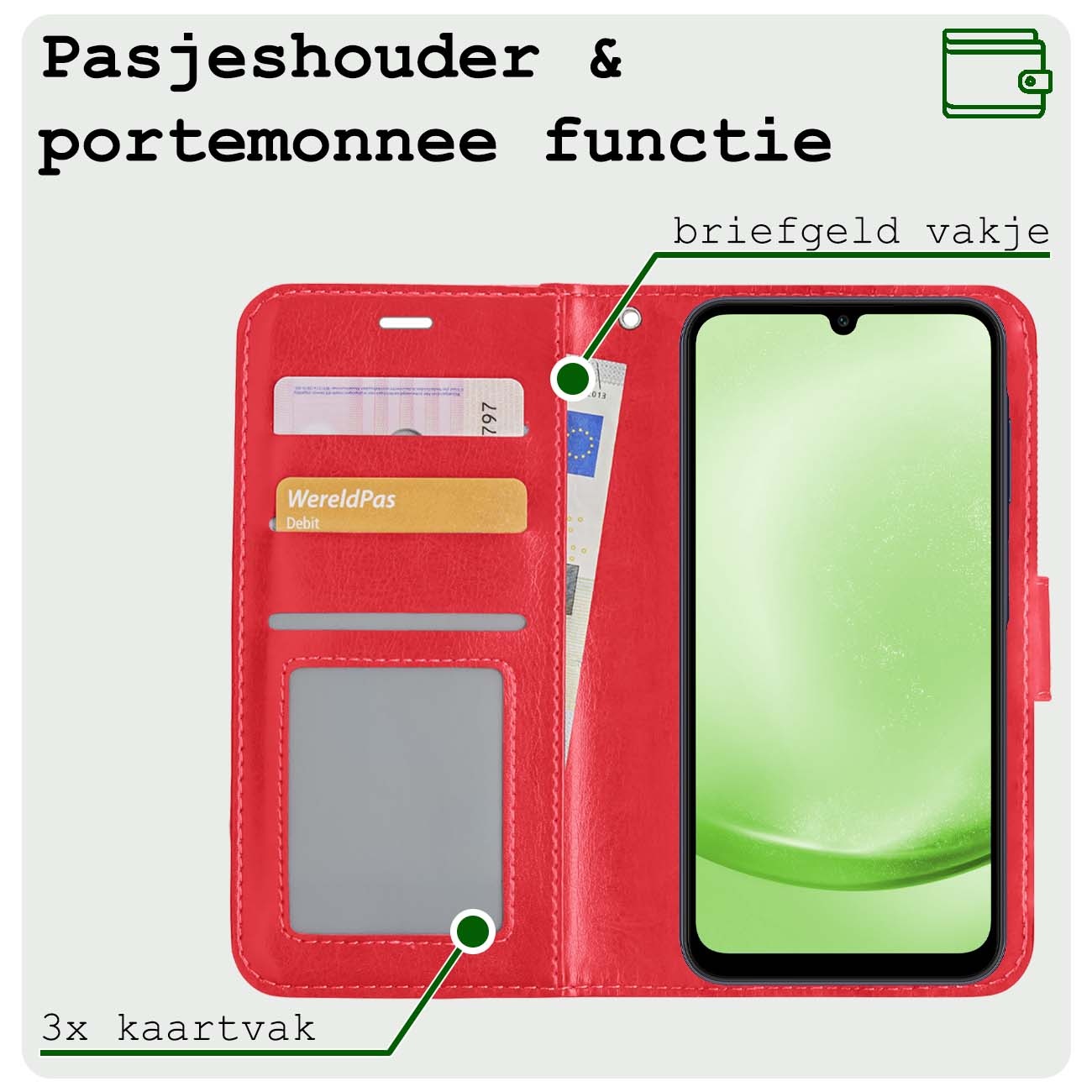 BASEY. Hoes Geschikt voor Samsung A25 Hoesje Bookcase Hoes Flip Case Book Cover Met Screenprotector - Hoesje Geschikt voor Samsung Galaxy A25 Hoes Book Case Hoesje - Rood