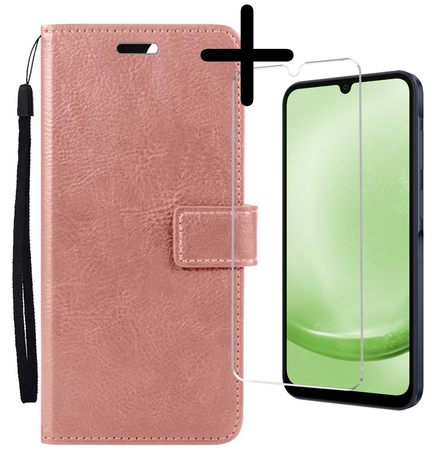 BASEY. Hoes Geschikt voor Samsung A25 Hoesje Bookcase Hoes Flip Case Book Cover Met Screenprotector - Hoesje Geschikt voor Samsung Galaxy A25 Hoes Book Case Hoesje - Rosé goud