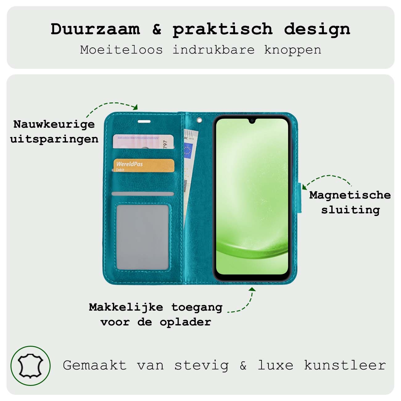 BASEY. Hoes Geschikt voor Samsung A25 Hoesje Bookcase Hoes Flip Case Book Cover Met Screenprotector - Hoesje Geschikt voor Samsung Galaxy A25 Hoes Book Case Hoesje - Turquoise
