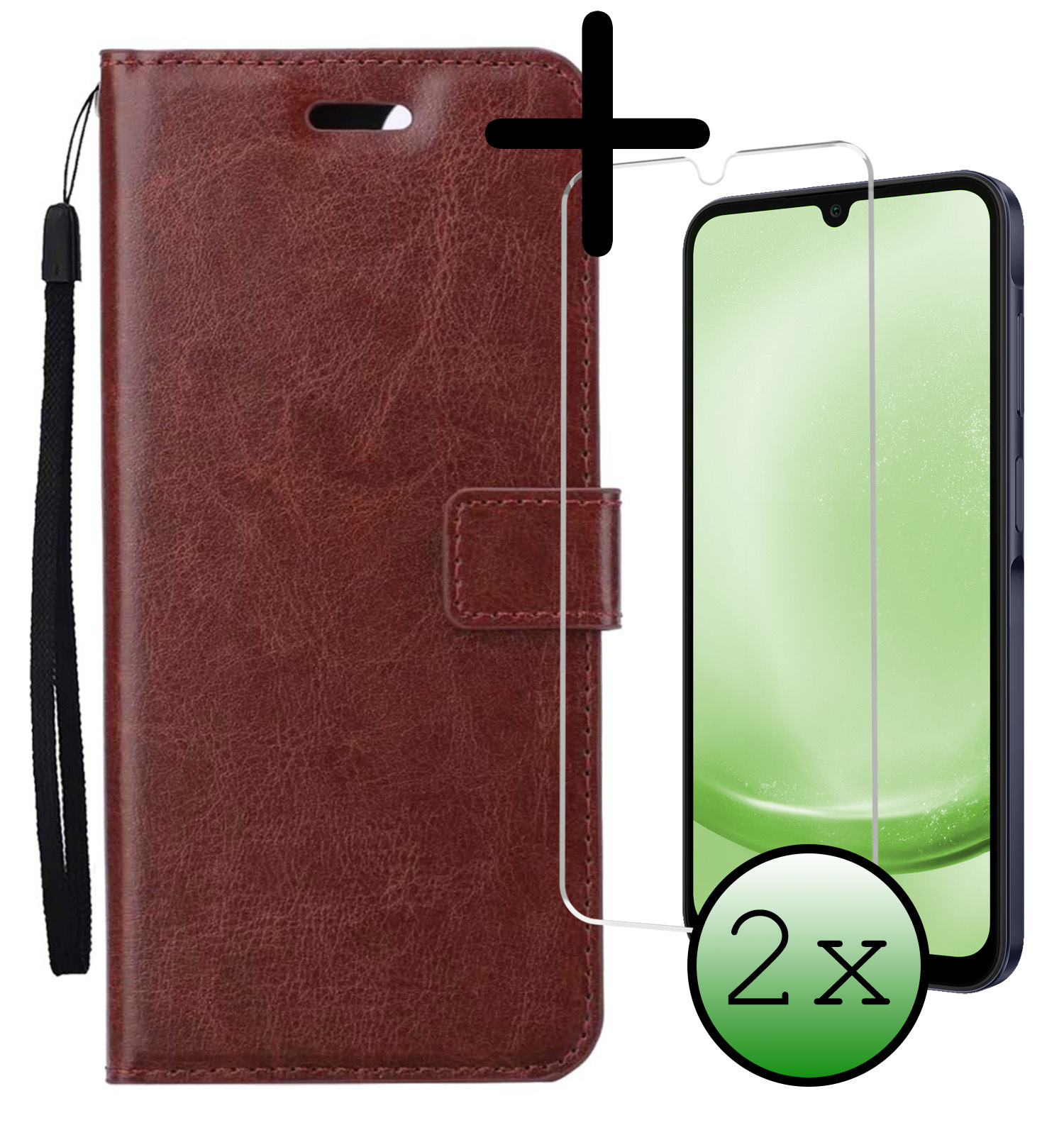 BASEY. Hoes Geschikt voor Samsung A25 Hoesje Bookcase Hoes Flip Case Book Cover Met 2x Screenprotector - Hoesje Geschikt voor Samsung Galaxy A25 Hoes Book Case Hoesje - Bruin