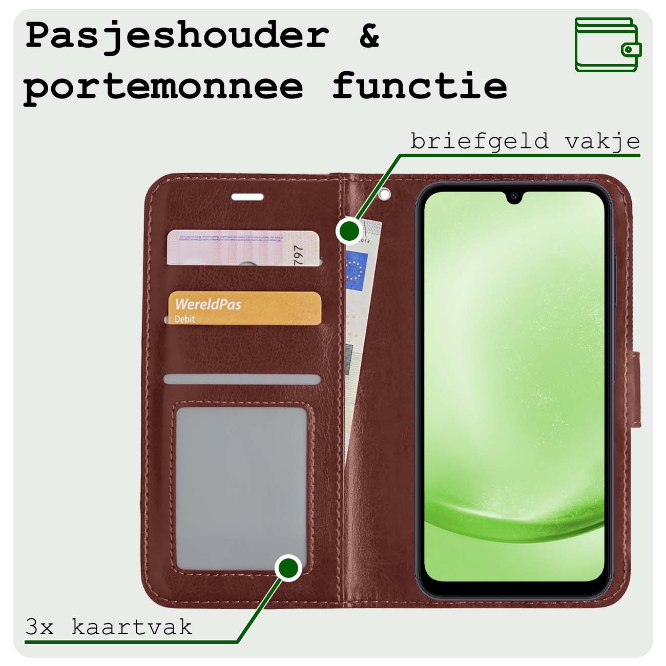 BASEY. Hoes Geschikt voor Samsung A25 Hoesje Bookcase Hoes Flip Case Book Cover Met 2x Screenprotector - Hoesje Geschikt voor Samsung Galaxy A25 Hoes Book Case Hoesje - Bruin