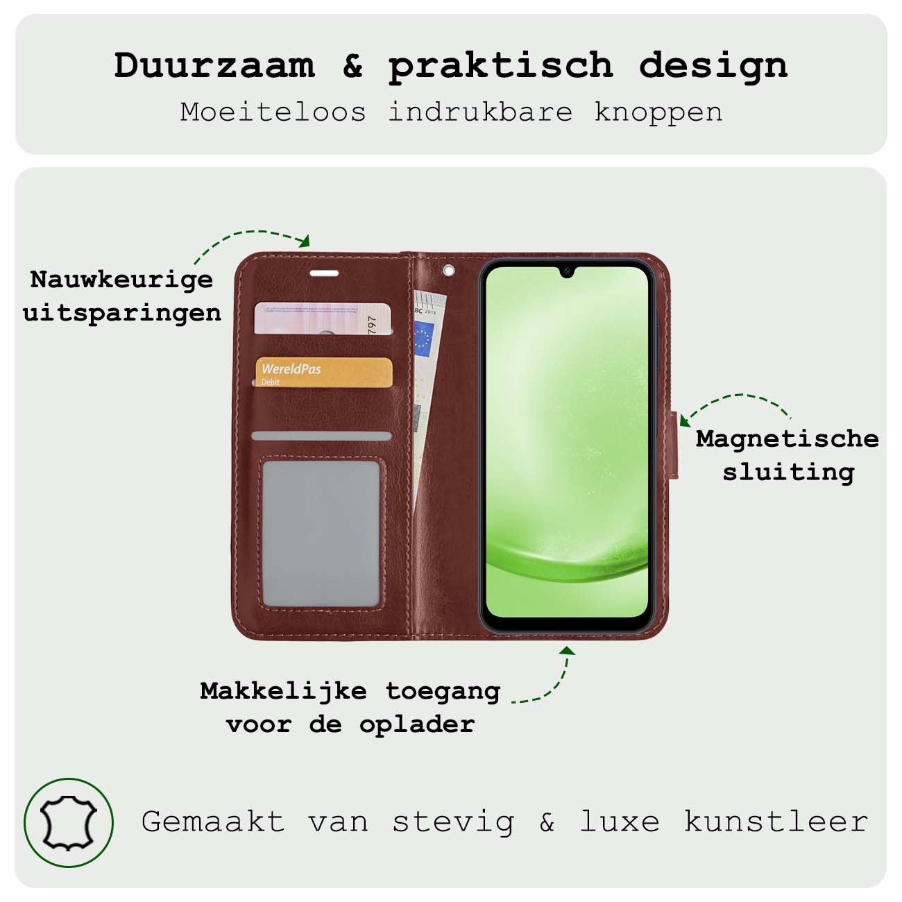 BASEY. Hoes Geschikt voor Samsung A25 Hoesje Bookcase Hoes Flip Case Book Cover Met 2x Screenprotector - Hoesje Geschikt voor Samsung Galaxy A25 Hoes Book Case Hoesje - Bruin