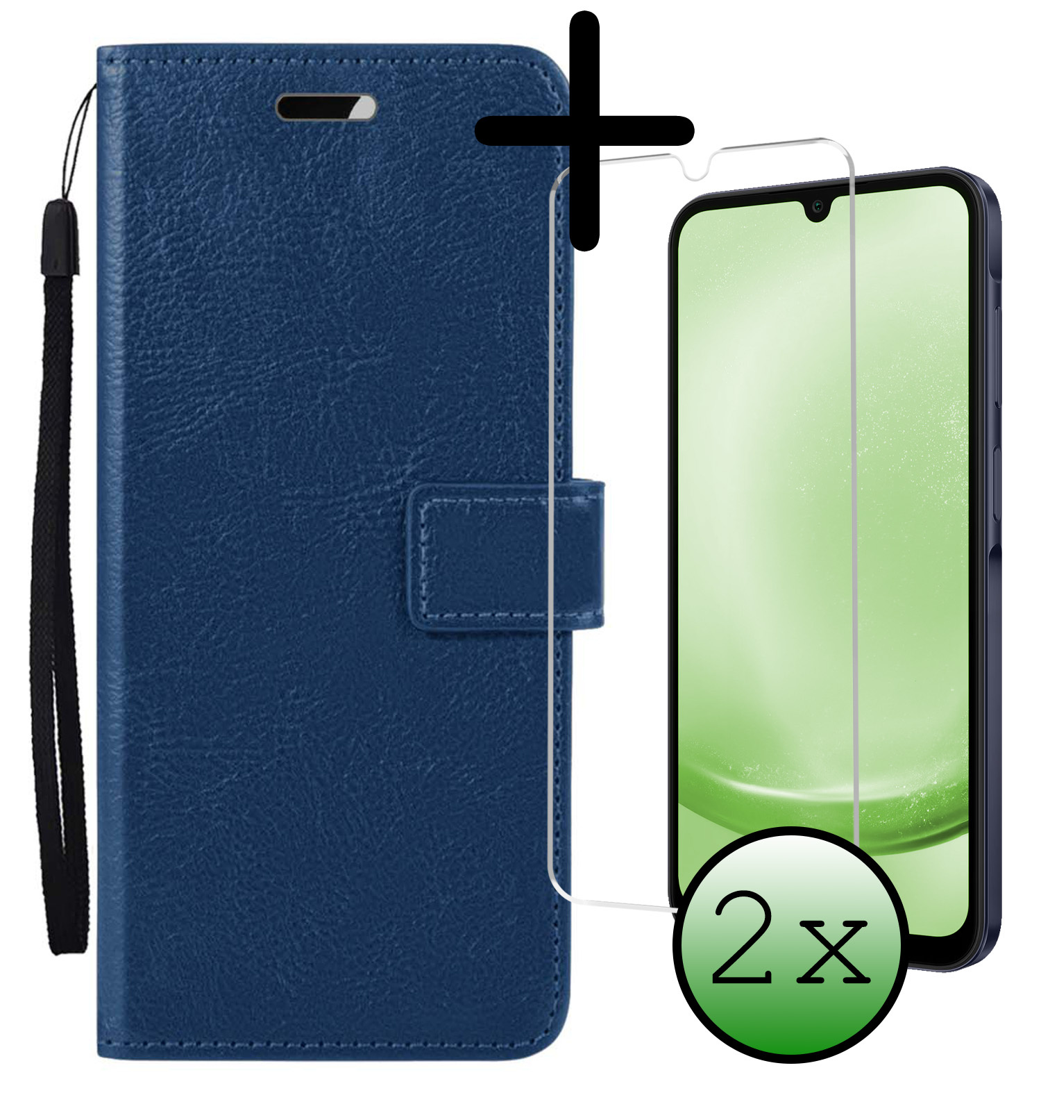 BASEY. Hoes Geschikt voor Samsung A25 Hoesje Bookcase Hoes Flip Case Book Cover Met 2x Screenprotector - Hoesje Geschikt voor Samsung Galaxy A25 Hoes Book Case Hoesje - Donkerblauw