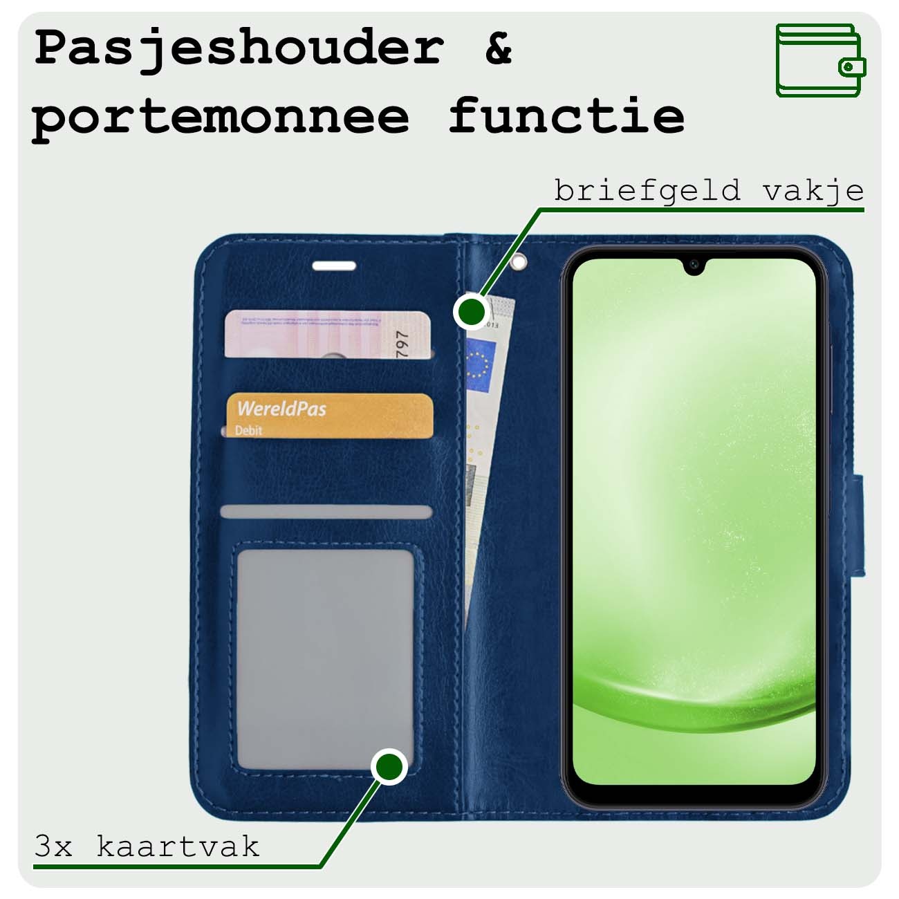 BASEY. Hoes Geschikt voor Samsung A25 Hoesje Bookcase Hoes Flip Case Book Cover Met 2x Screenprotector - Hoesje Geschikt voor Samsung Galaxy A25 Hoes Book Case Hoesje - Donkerblauw
