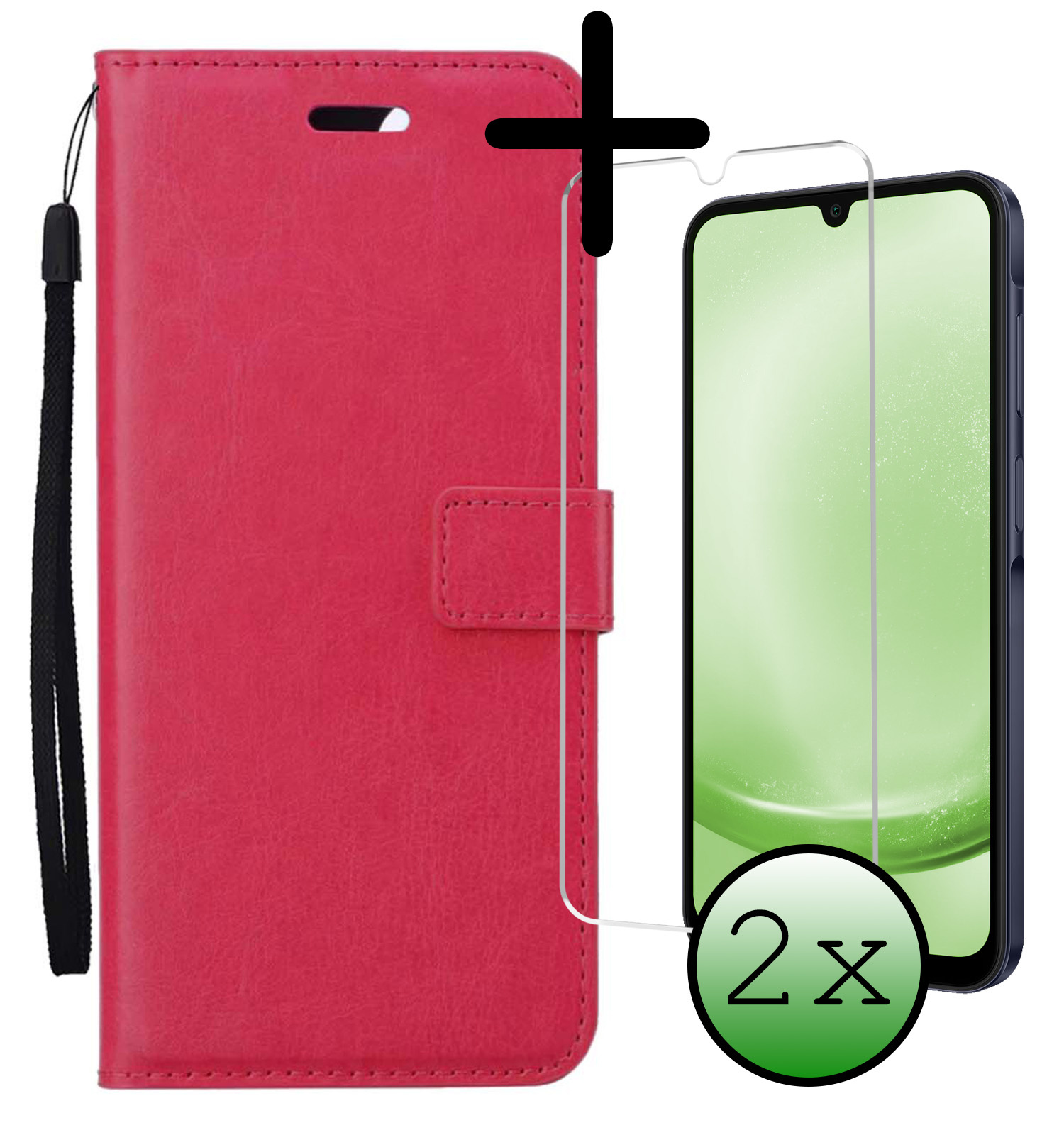 BASEY. Hoes Geschikt voor Samsung A25 Hoesje Bookcase Hoes Flip Case Book Cover Met 2x Screenprotector - Hoesje Geschikt voor Samsung Galaxy A25 Hoes Book Case Hoesje - Donkerroze
