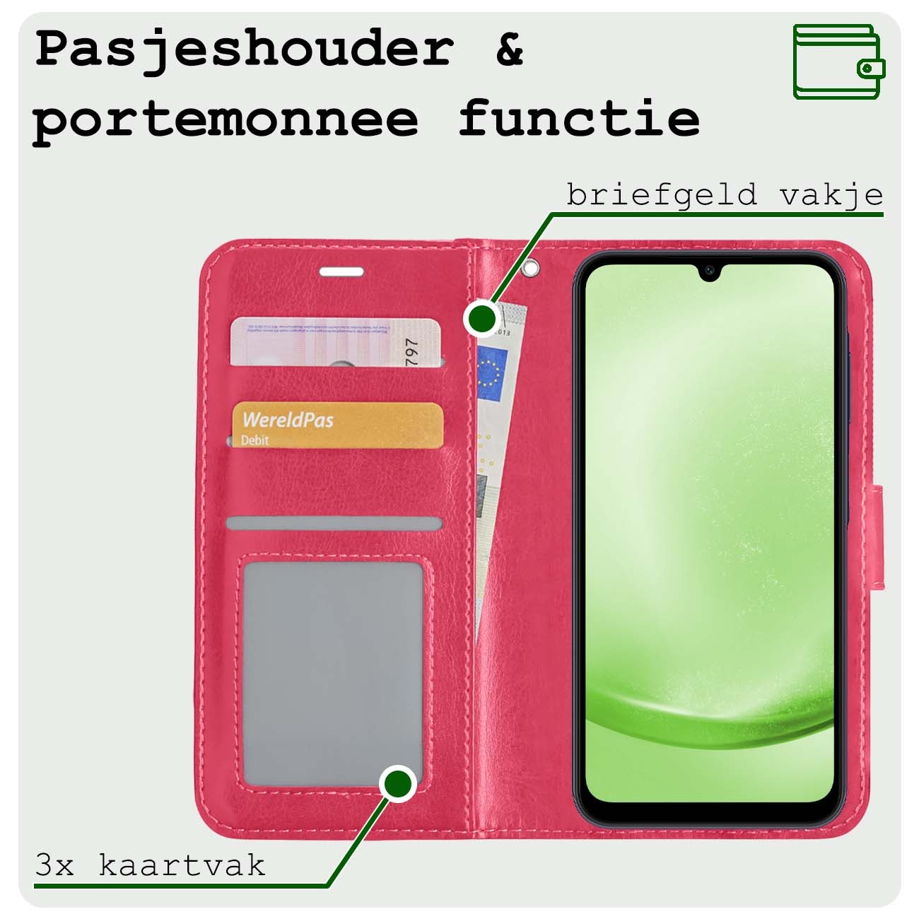 BASEY. Hoes Geschikt voor Samsung A25 Hoesje Bookcase Hoes Flip Case Book Cover Met 2x Screenprotector - Hoesje Geschikt voor Samsung Galaxy A25 Hoes Book Case Hoesje - Donkerroze