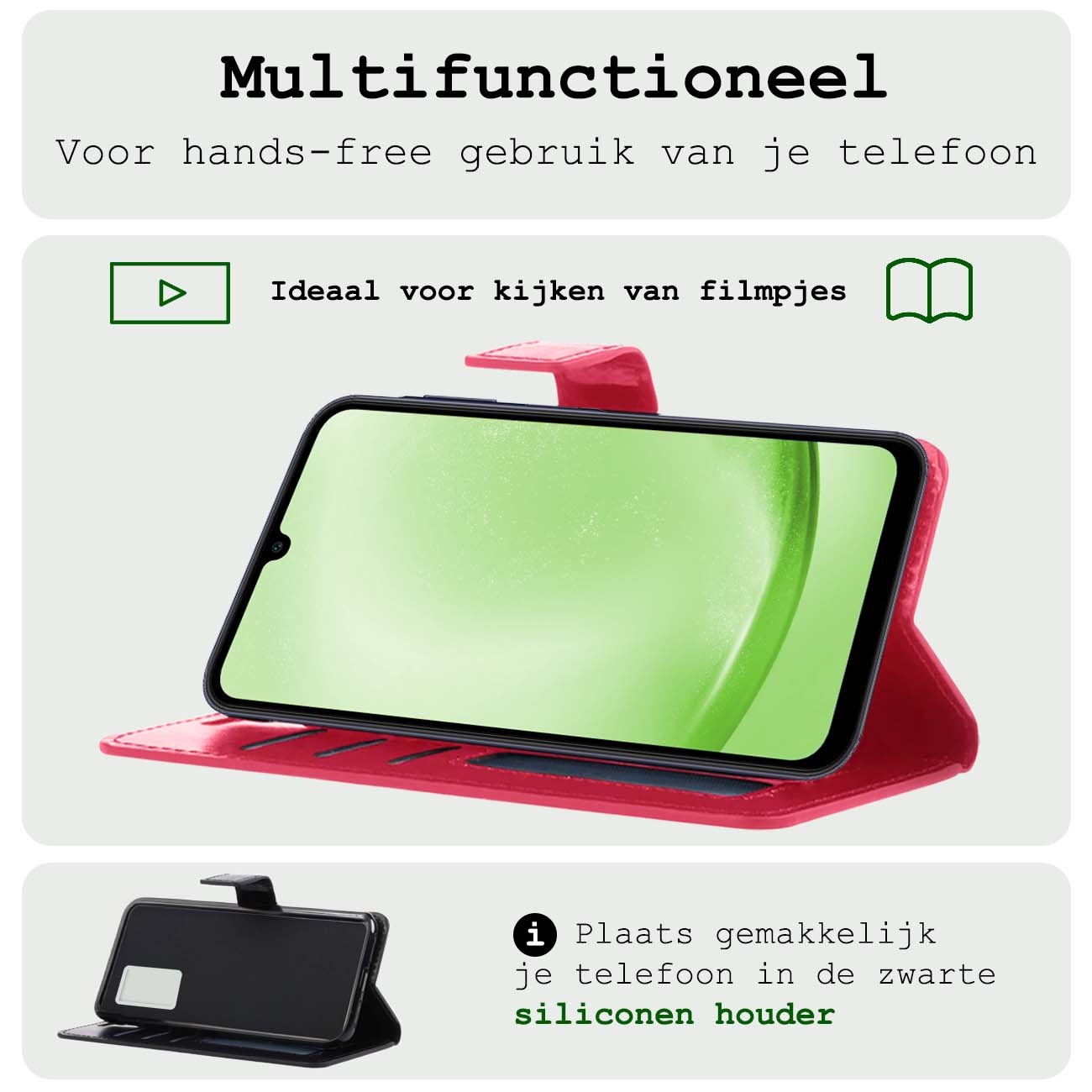 BASEY. Hoes Geschikt voor Samsung A25 Hoesje Bookcase Hoes Flip Case Book Cover Met 2x Screenprotector - Hoesje Geschikt voor Samsung Galaxy A25 Hoes Book Case Hoesje - Donkerroze