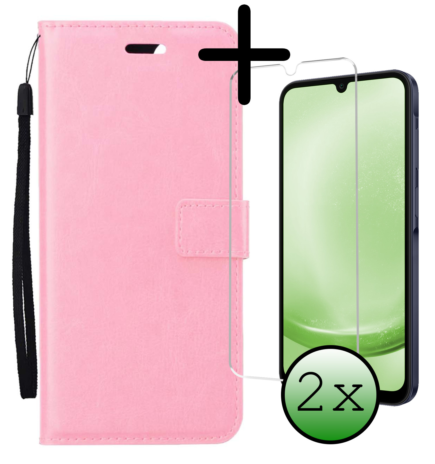 BASEY. Hoes Geschikt voor Samsung A25 Hoesje Bookcase Hoes Flip Case Book Cover Met 2x Screenprotector - Hoesje Geschikt voor Samsung Galaxy A25 Hoes Book Case Hoesje - Lichtroze