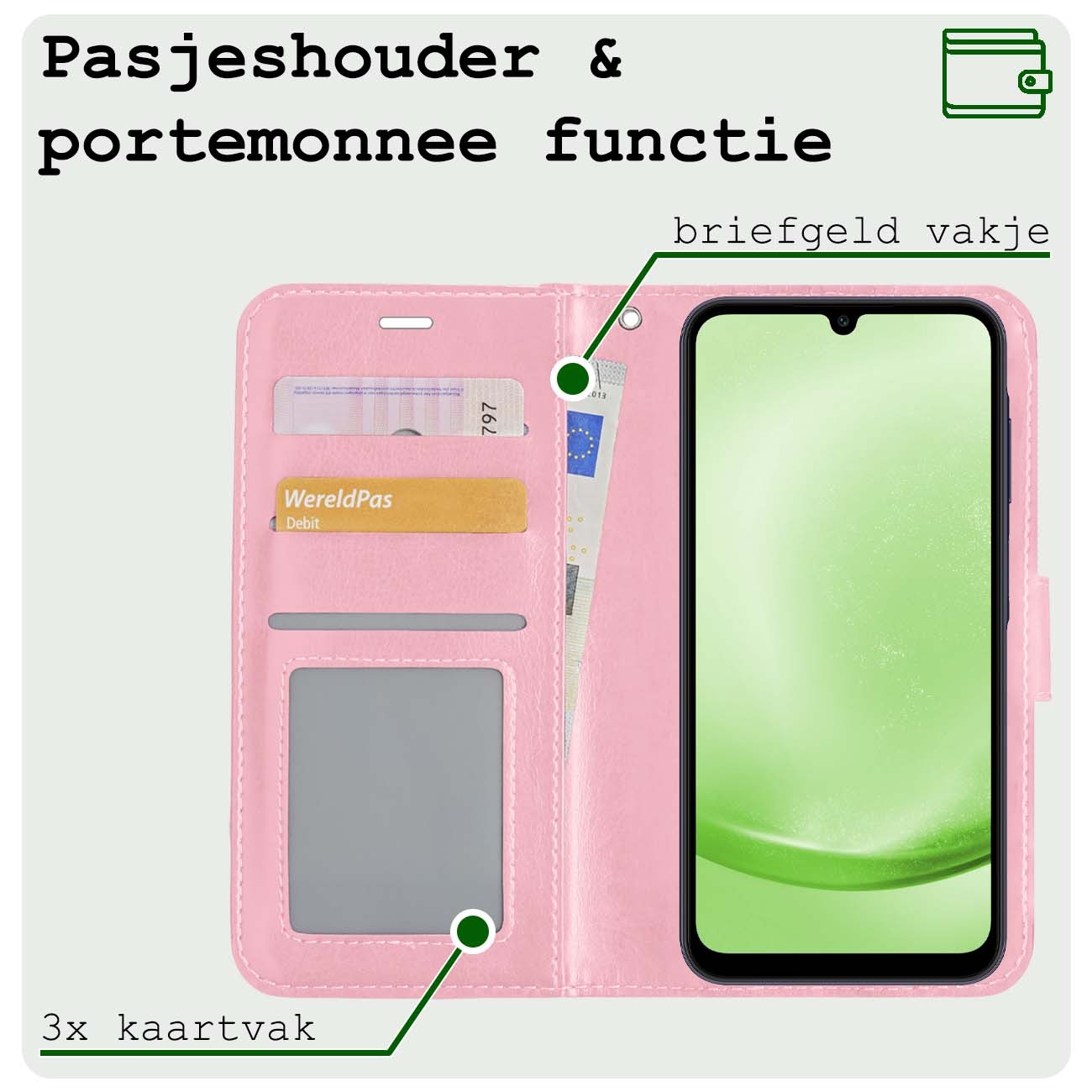 BASEY. Hoes Geschikt voor Samsung A25 Hoesje Bookcase Hoes Flip Case Book Cover Met 2x Screenprotector - Hoesje Geschikt voor Samsung Galaxy A25 Hoes Book Case Hoesje - Lichtroze