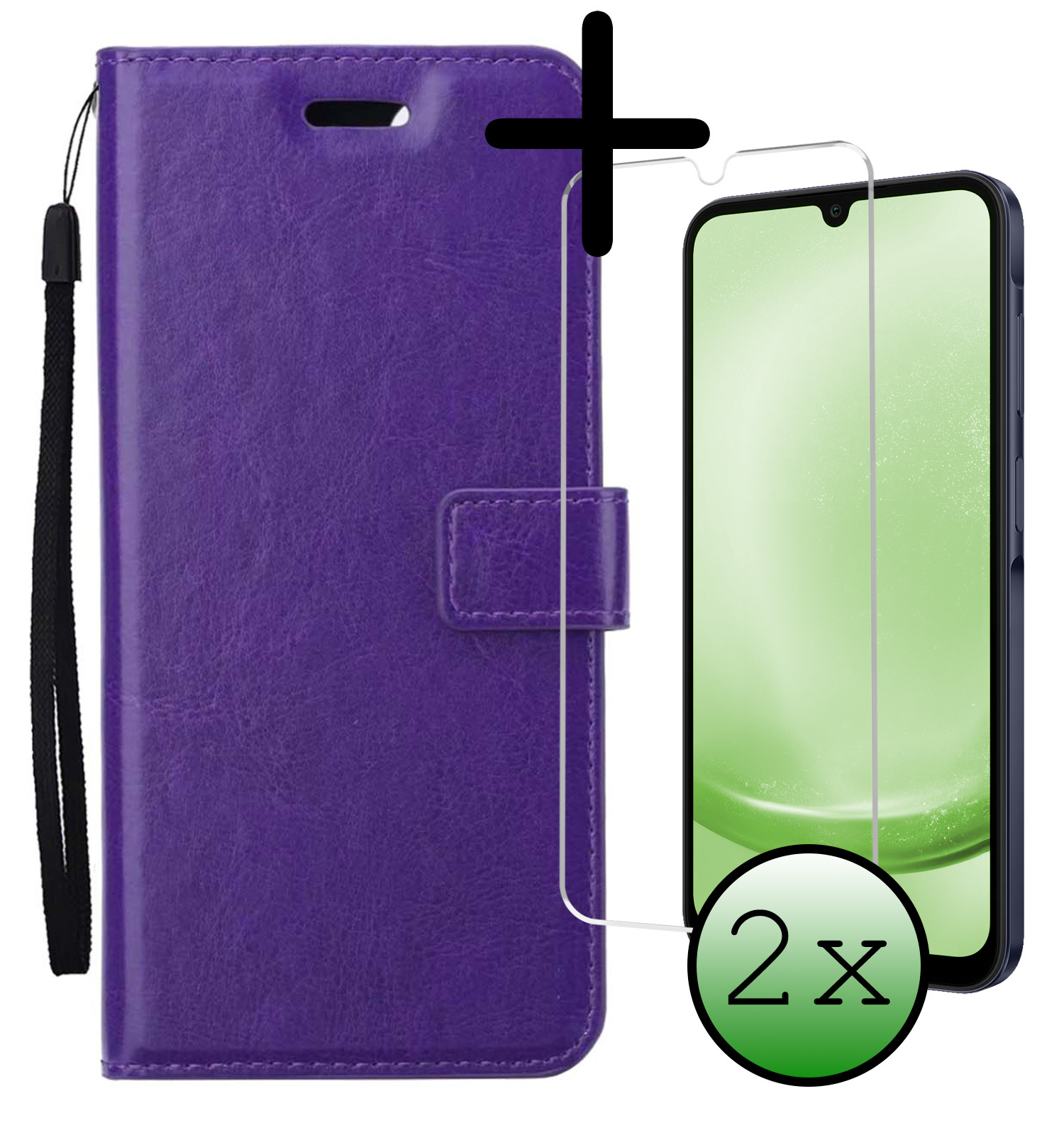 BASEY. Hoes Geschikt voor Samsung A25 Hoesje Bookcase Hoes Flip Case Book Cover Met 2x Screenprotector - Hoesje Geschikt voor Samsung Galaxy A25 Hoes Book Case Hoesje - Paars