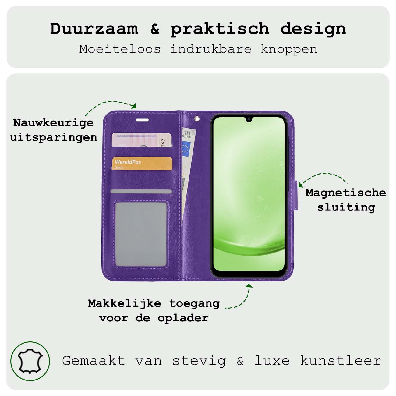 BASEY. Hoes Geschikt voor Samsung A25 Hoesje Bookcase Hoes Flip Case Book Cover Met 2x Screenprotector - Hoesje Geschikt voor Samsung Galaxy A25 Hoes Book Case Hoesje - Paars