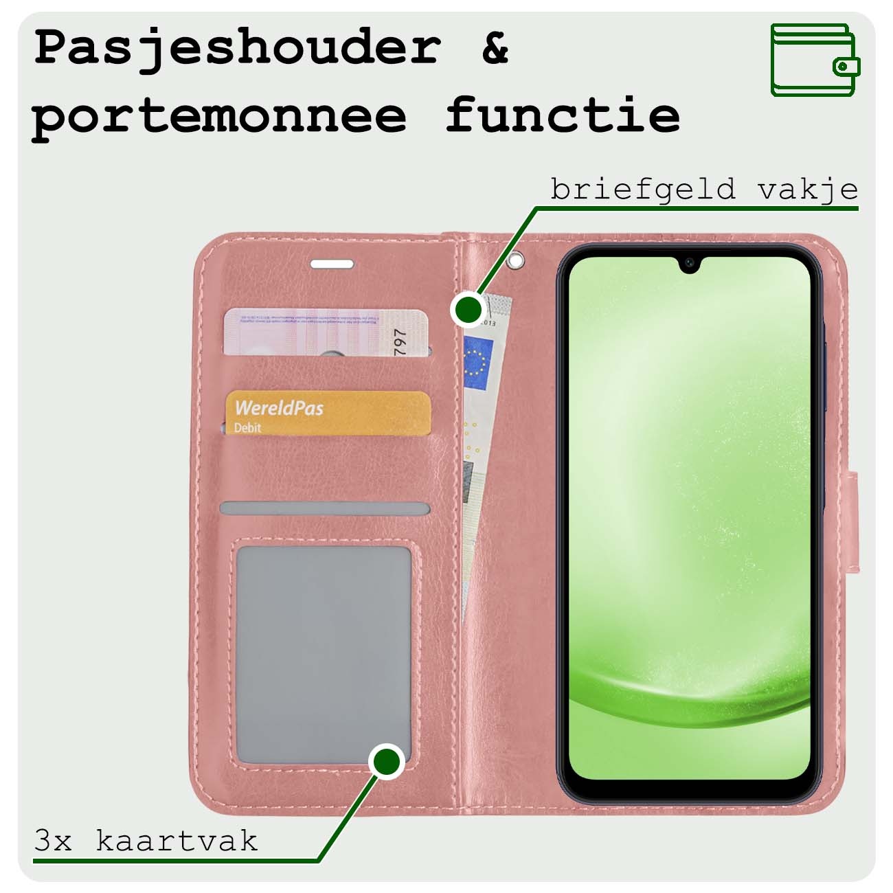 BASEY. Hoes Geschikt voor Samsung A25 Hoesje Bookcase Hoes Flip Case Book Cover Met 2x Screenprotector - Hoesje Geschikt voor Samsung Galaxy A25 Hoes Book Case Hoesje - Rosé goud