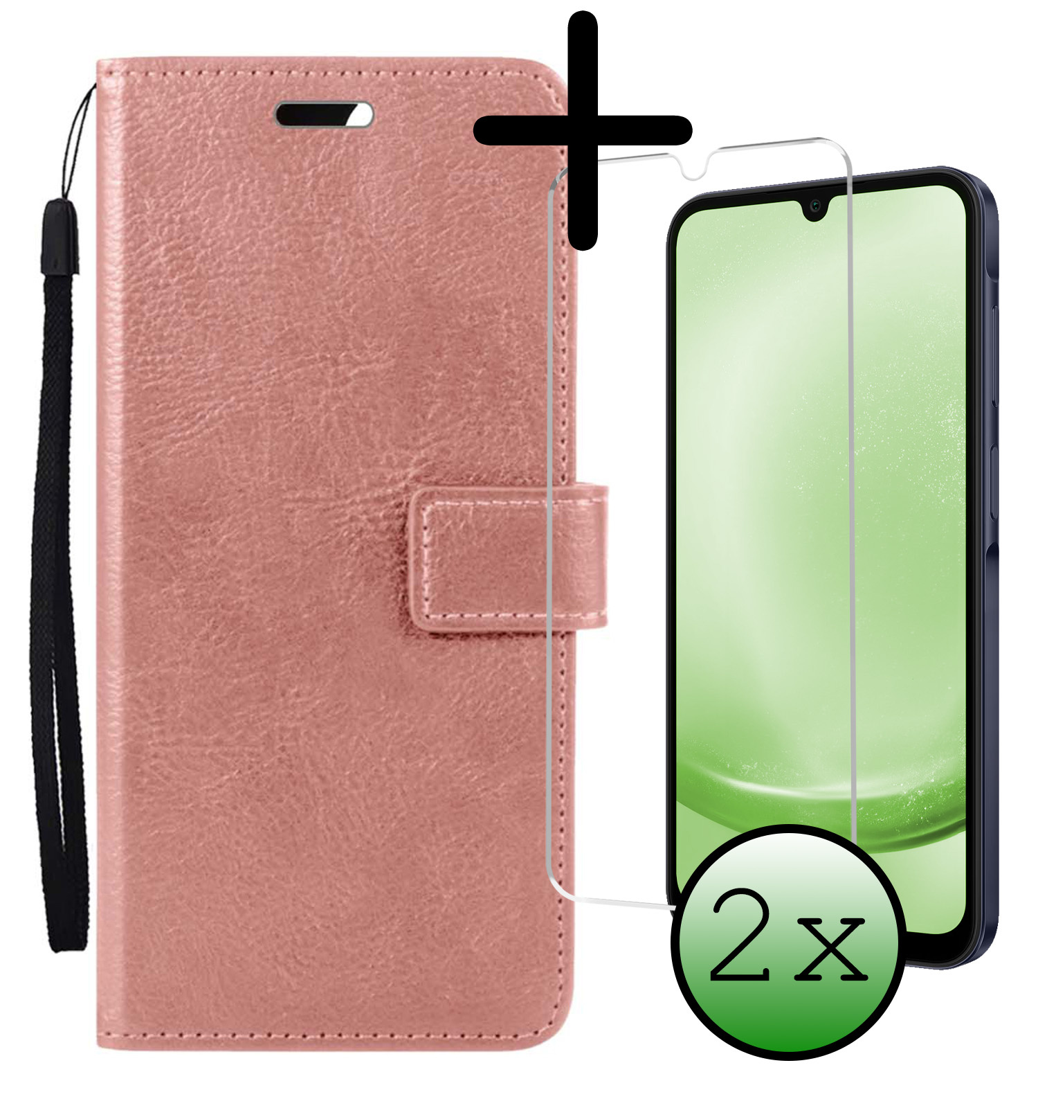BASEY. Hoes Geschikt voor Samsung A25 Hoesje Bookcase Hoes Flip Case Book Cover Met 2x Screenprotector - Hoesje Geschikt voor Samsung Galaxy A25 Hoes Book Case Hoesje - Rosé goud
