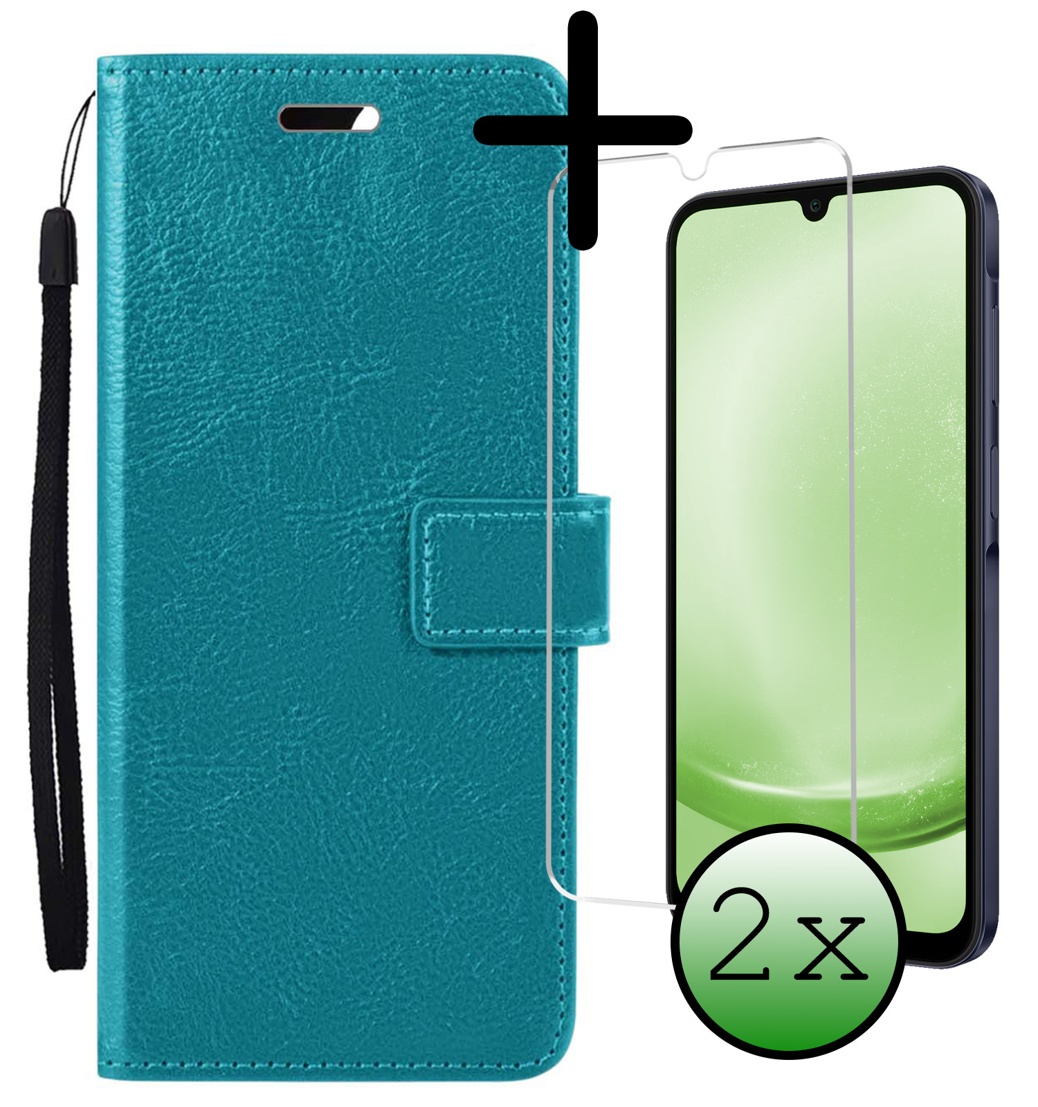 BASEY. Hoes Geschikt voor Samsung A25 Hoesje Bookcase Hoes Flip Case Book Cover Met 2x Screenprotector - Hoesje Geschikt voor Samsung Galaxy A25 Hoes Book Case Hoesje - Turquoise