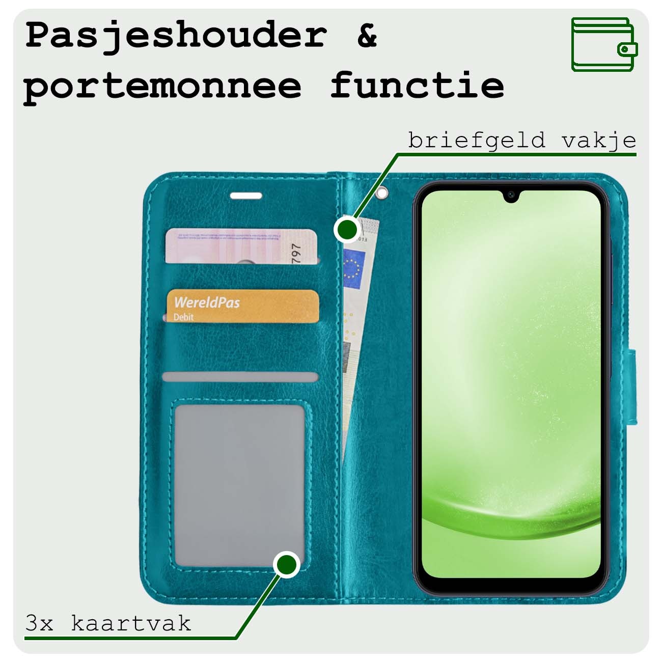 BASEY. Hoes Geschikt voor Samsung A25 Hoesje Bookcase Hoes Flip Case Book Cover Met 2x Screenprotector - Hoesje Geschikt voor Samsung Galaxy A25 Hoes Book Case Hoesje - Turquoise