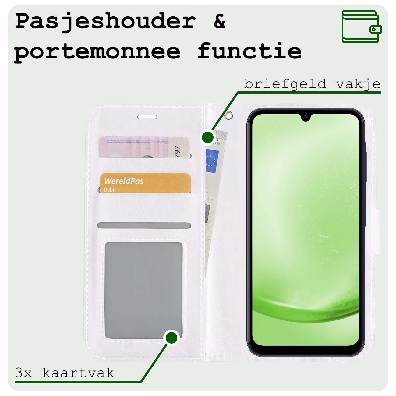 BASEY. Hoes Geschikt voor Samsung A25 Hoesje Bookcase Hoes Flip Case Book Cover Met 2x Screenprotector - Hoesje Geschikt voor Samsung Galaxy A25 Hoes Book Case Hoesje - Wit