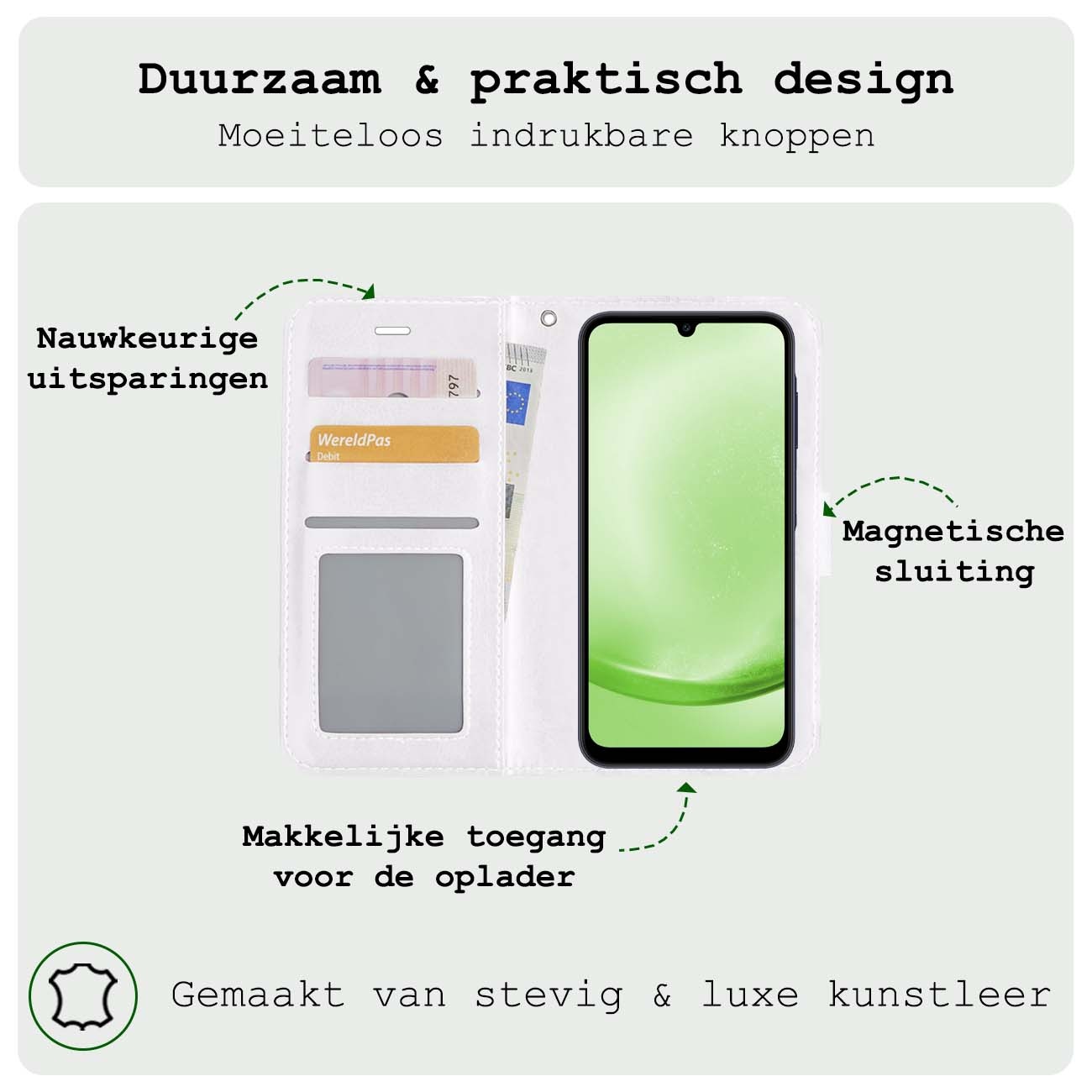 BASEY. Hoes Geschikt voor Samsung A25 Hoesje Bookcase Hoes Flip Case Book Cover Met 2x Screenprotector - Hoesje Geschikt voor Samsung Galaxy A25 Hoes Book Case Hoesje - Wit