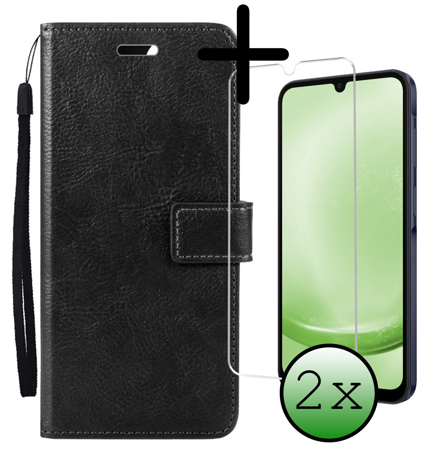 BASEY. Hoes Geschikt voor Samsung A25 Hoesje Bookcase Hoes Flip Case Book Cover Met 2x Screenprotector - Hoesje Geschikt voor Samsung Galaxy A25 Hoes Book Case Hoesje - Zwart
