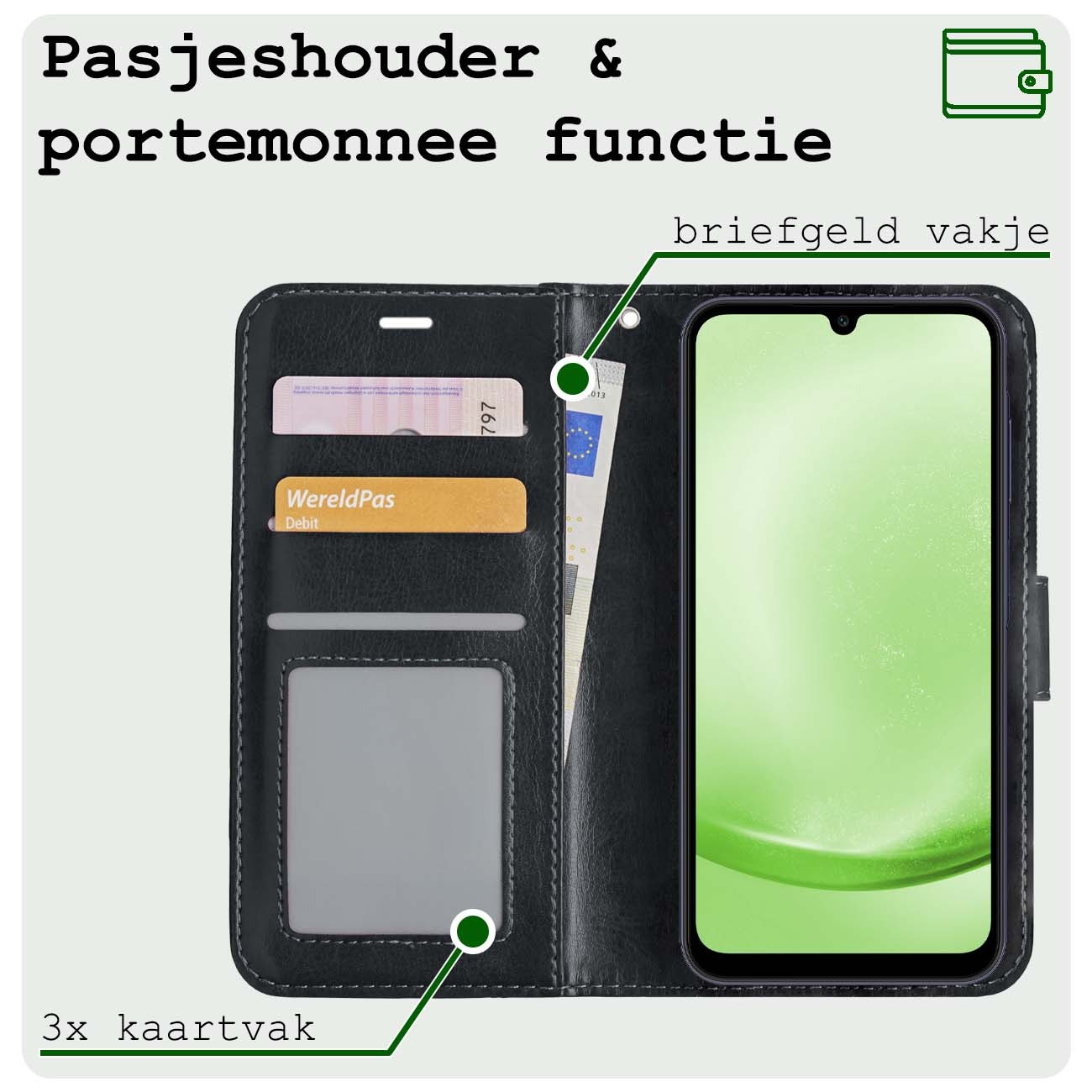 BASEY. Hoes Geschikt voor Samsung A25 Hoesje Bookcase Hoes Flip Case Book Cover Met 2x Screenprotector - Hoesje Geschikt voor Samsung Galaxy A25 Hoes Book Case Hoesje - Zwart