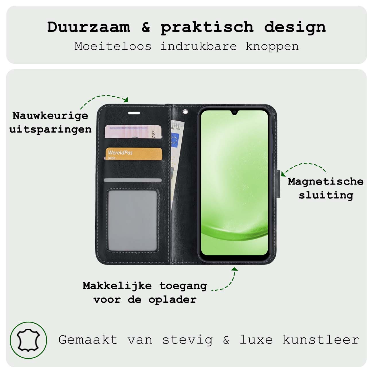 BASEY. Hoes Geschikt voor Samsung A25 Hoesje Bookcase Hoes Flip Case Book Cover Met 2x Screenprotector - Hoesje Geschikt voor Samsung Galaxy A25 Hoes Book Case Hoesje - Zwart