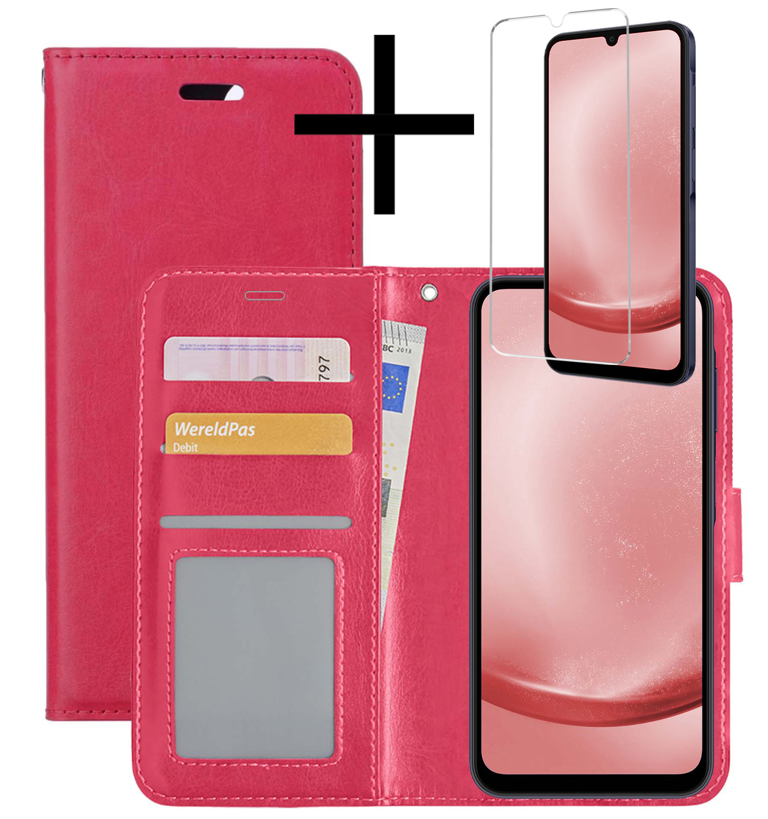 NoXx Hoes Geschikt voor Samsung A25 Hoesje Book Case Hoes Flip Cover Wallet Bookcase Met Screenprotector - Donkerroze