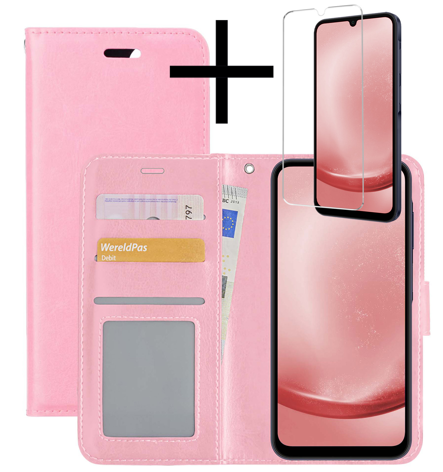 NoXx Hoes Geschikt voor Samsung A25 Hoesje Book Case Hoes Flip Cover Wallet Bookcase Met Screenprotector - Lichtroze