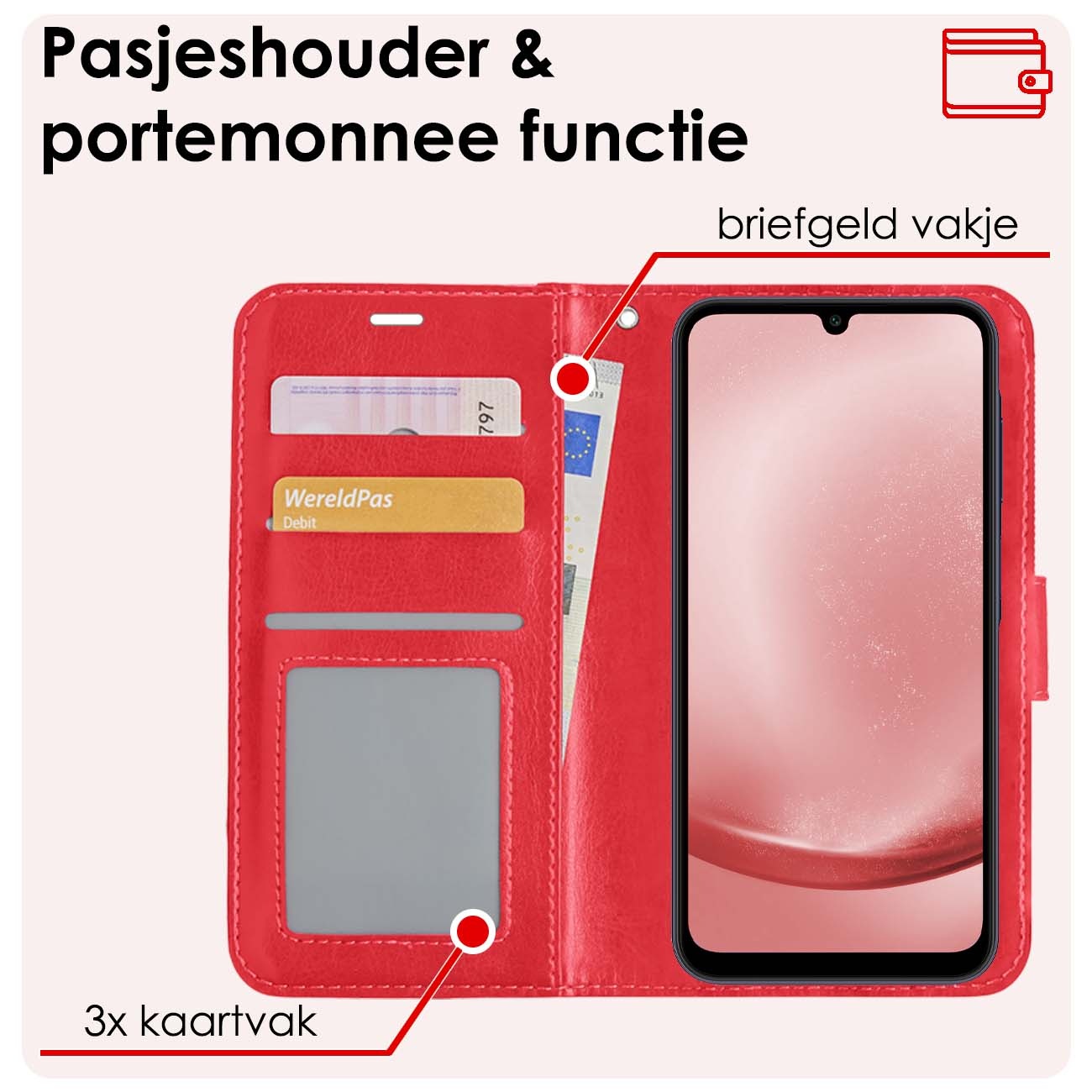 NoXx Hoes Geschikt voor Samsung A25 Hoesje Book Case Hoes Flip Cover Wallet Bookcase Met Screenprotector - Rood