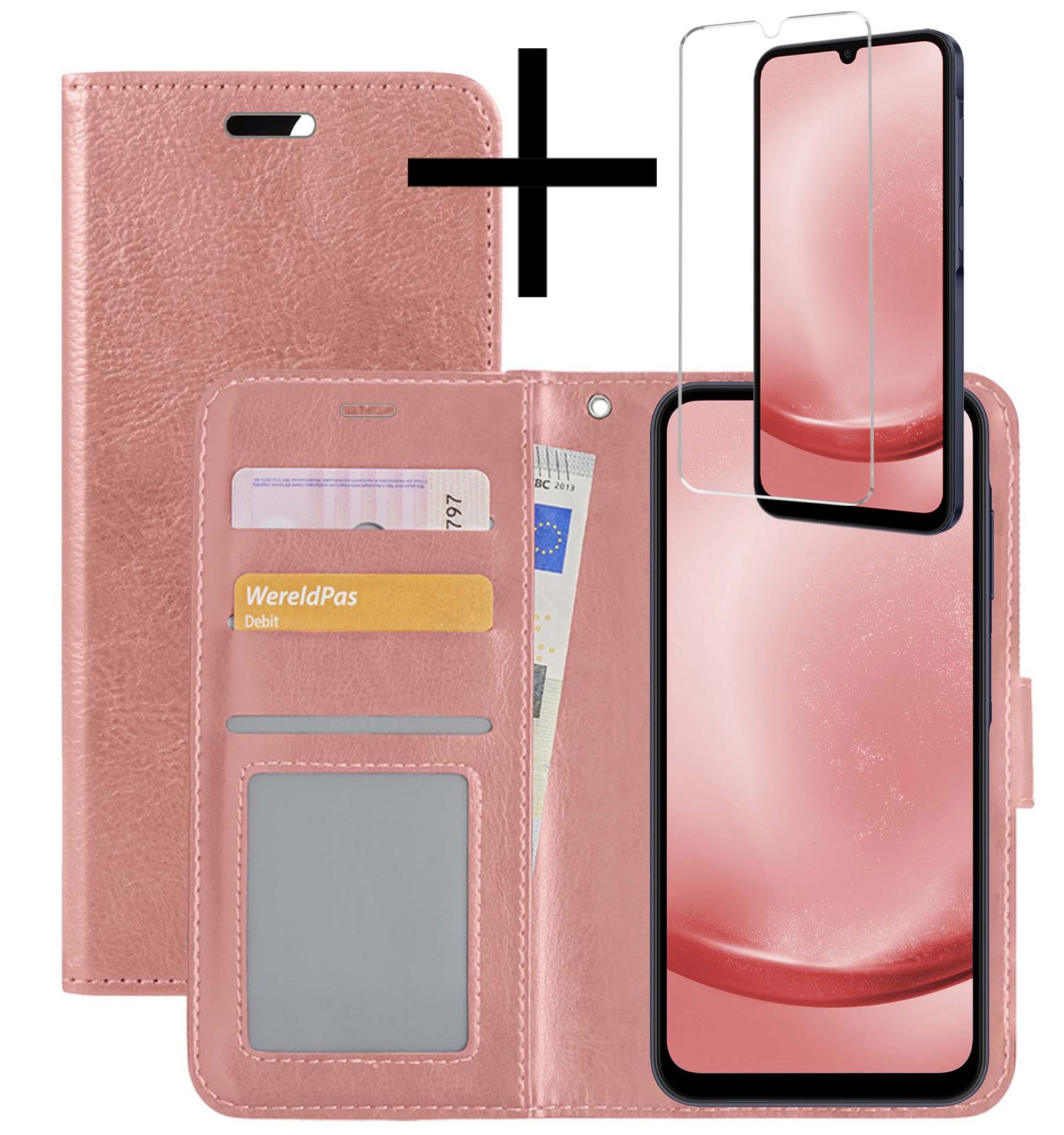 NoXx Hoes Geschikt voor Samsung A25 Hoesje Book Case Hoes Flip Cover Wallet Bookcase Met Screenprotector - Rosé goud