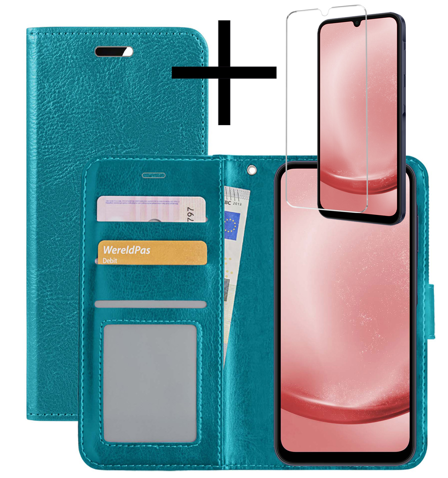 NoXx Hoes Geschikt voor Samsung A25 Hoesje Book Case Hoes Flip Cover Wallet Bookcase Met Screenprotector - Turquoise