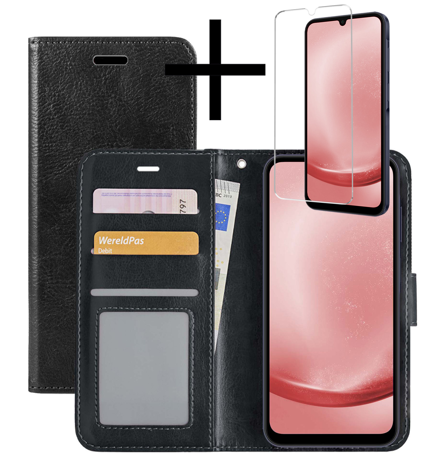 NoXx Hoes Geschikt voor Samsung A25 Hoesje Book Case Hoes Flip Cover Wallet Bookcase Met Screenprotector - Zwart