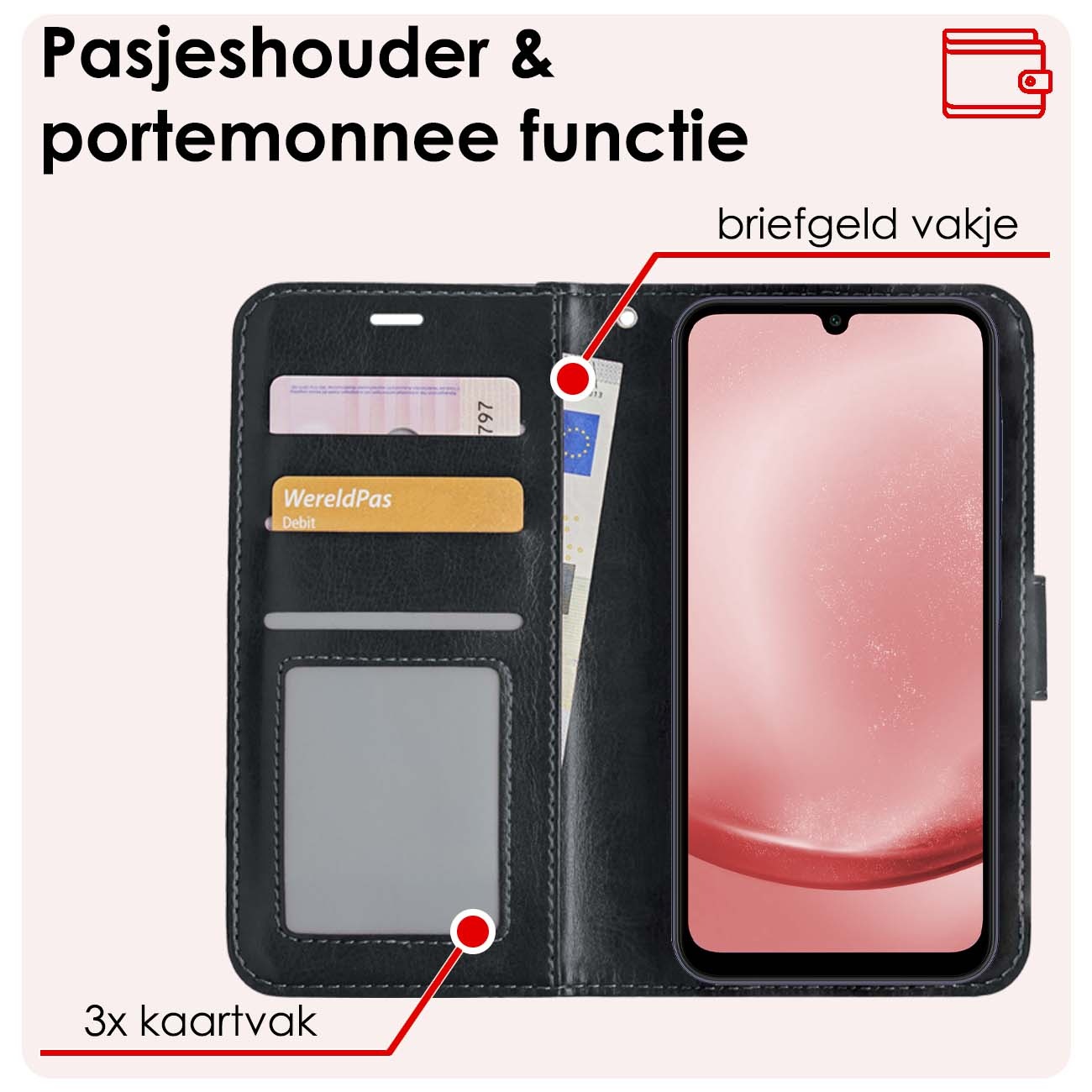 NoXx Hoes Geschikt voor Samsung A25 Hoesje Book Case Hoes Flip Cover Wallet Bookcase Met Screenprotector - Zwart