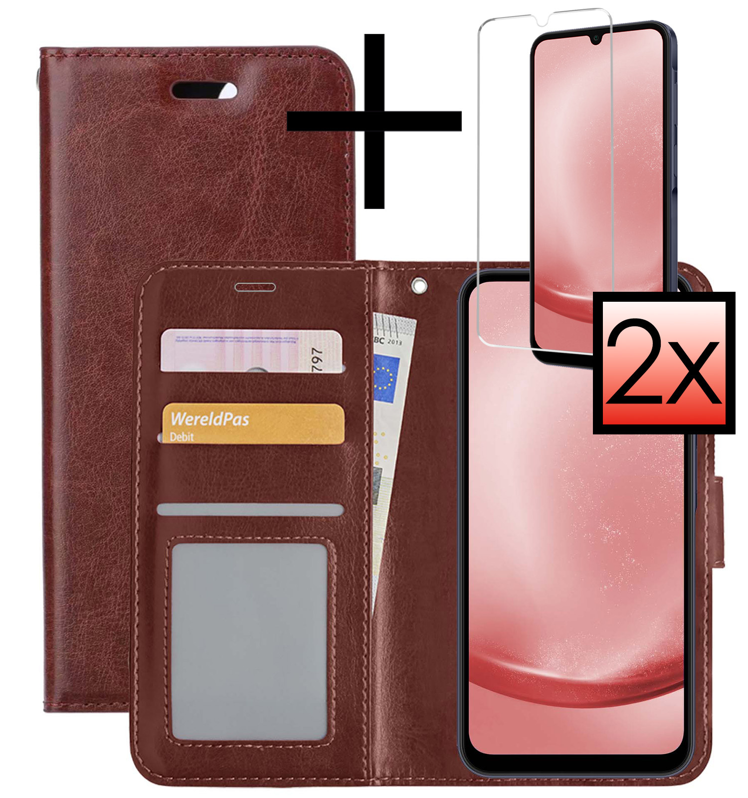 NoXx Hoes Geschikt voor Samsung A25 Hoesje Book Case Hoes Flip Cover Wallet Bookcase Met 2x Screenprotector - Bruin