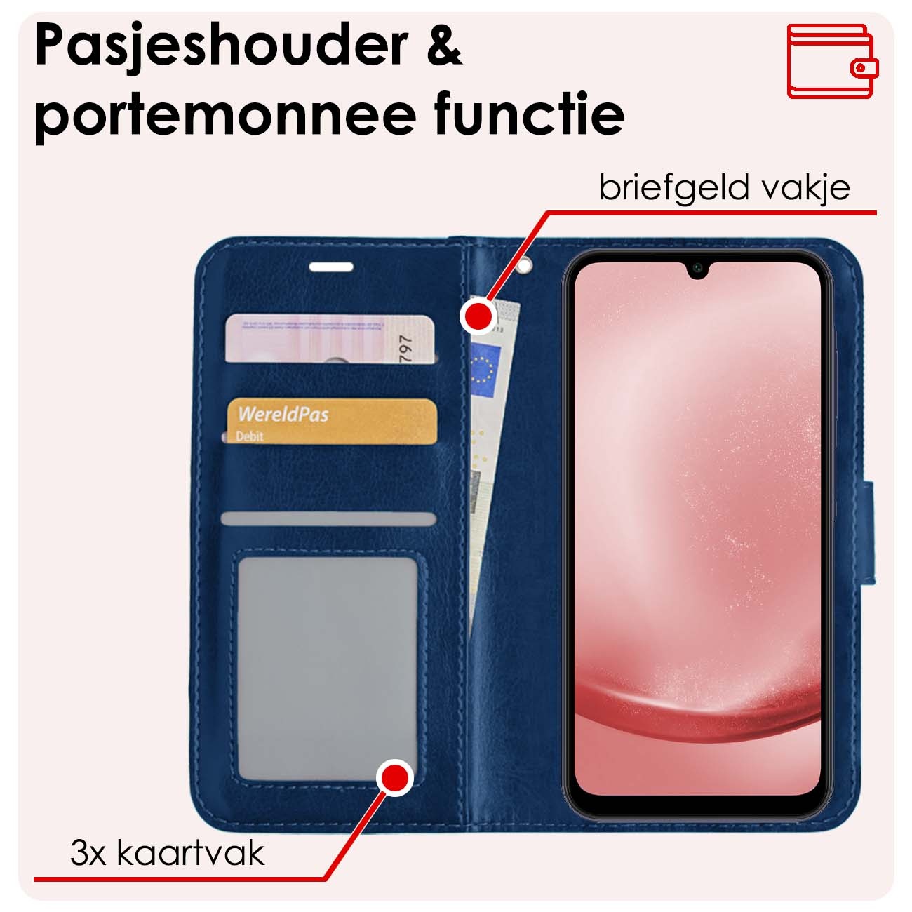 NoXx Hoes Geschikt voor Samsung A25 Hoesje Book Case Hoes Flip Cover Wallet Bookcase Met 2x Screenprotector - Donkerblauw